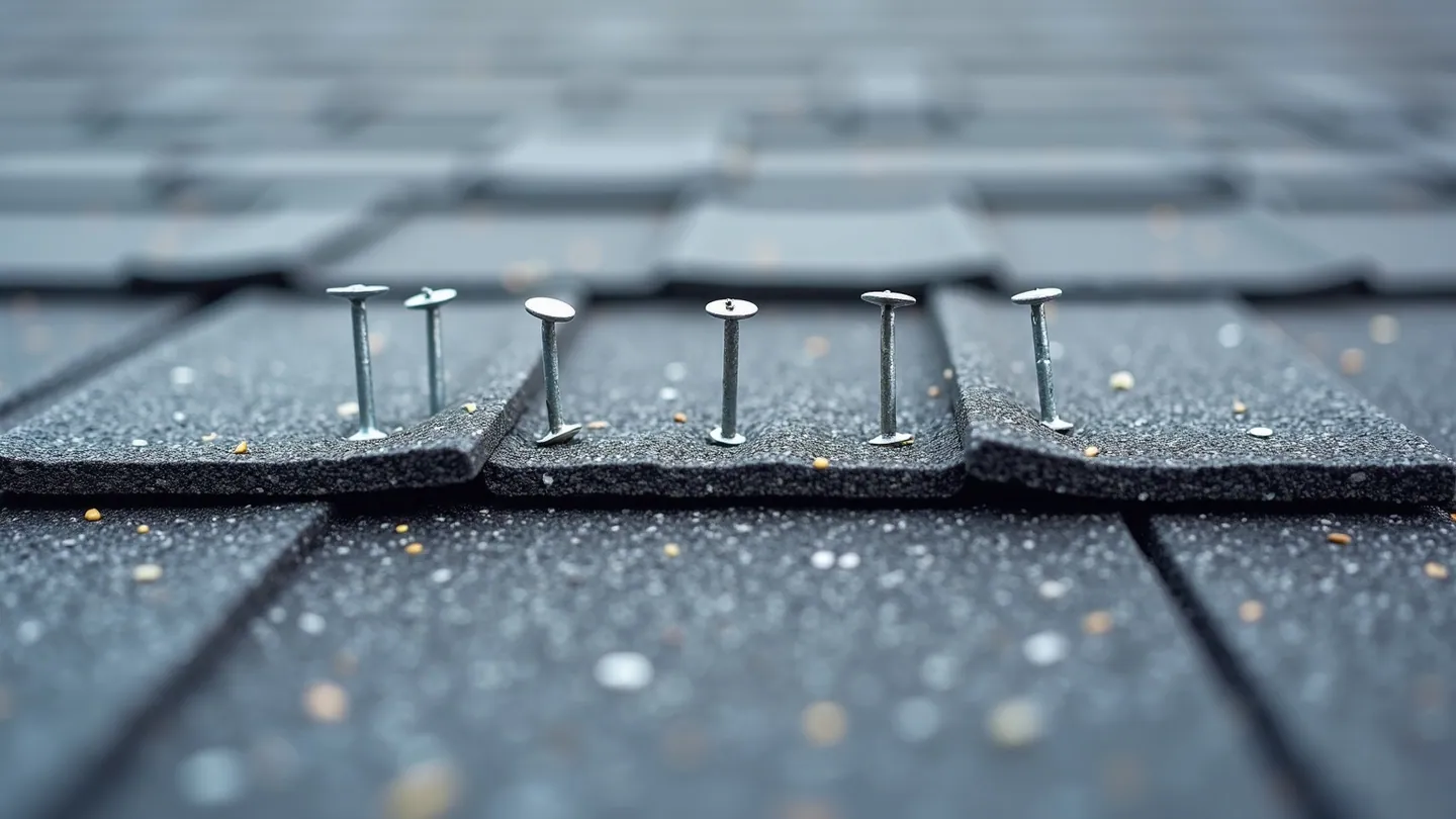 Six roofing nails set in a straight row along the nailing strip of a dark architectural asphalt shingle