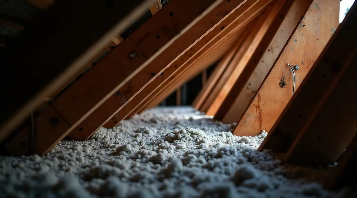 Loose grey blown insulation covering an attic floor and running out towards the low edge where the roof deck meets the eave