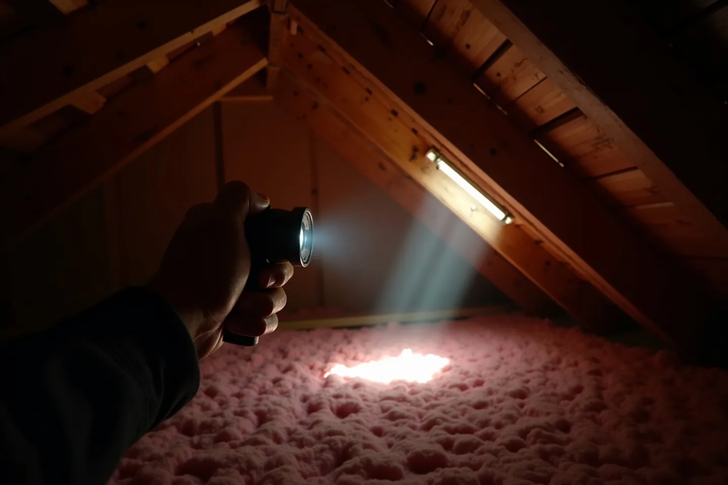 A hand shining a flashlight on the underside of a roof deck and pink insulation inside an Ontario attic to check for leaks and daylight