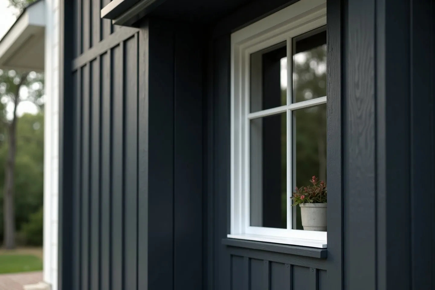 Dark charcoal board and batten vertical siding with crisp white window trim on a modern Ontario farmhouse-style home