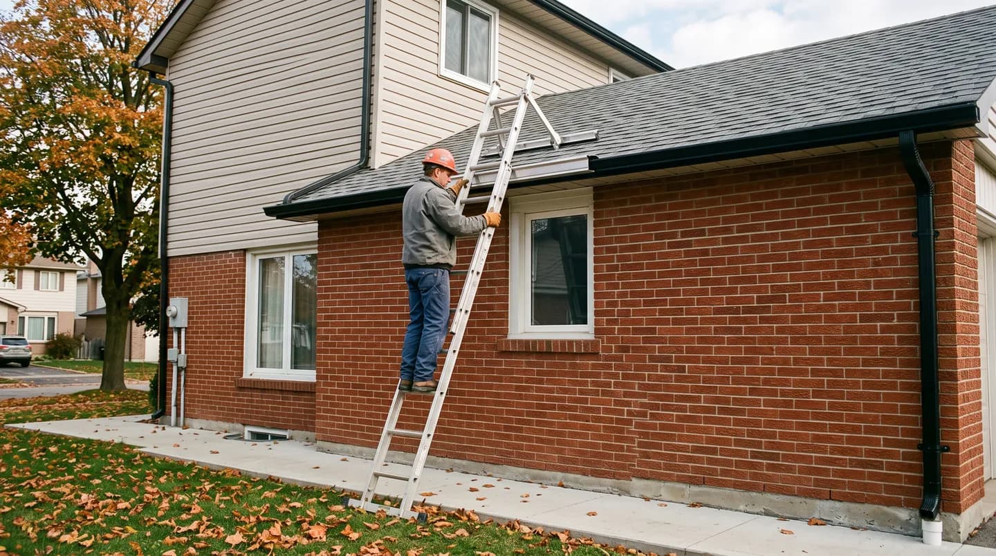 Extension ladder set at a safe angle with a standoff bracket against the roof edge of a two-storey Ontario home
