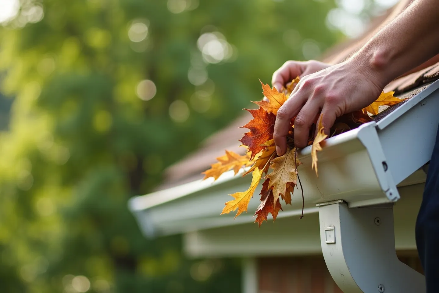 A homeowner clearing fallen leaves from a white aluminium eavestrough along the roofline of a suburban Ontario home in summer