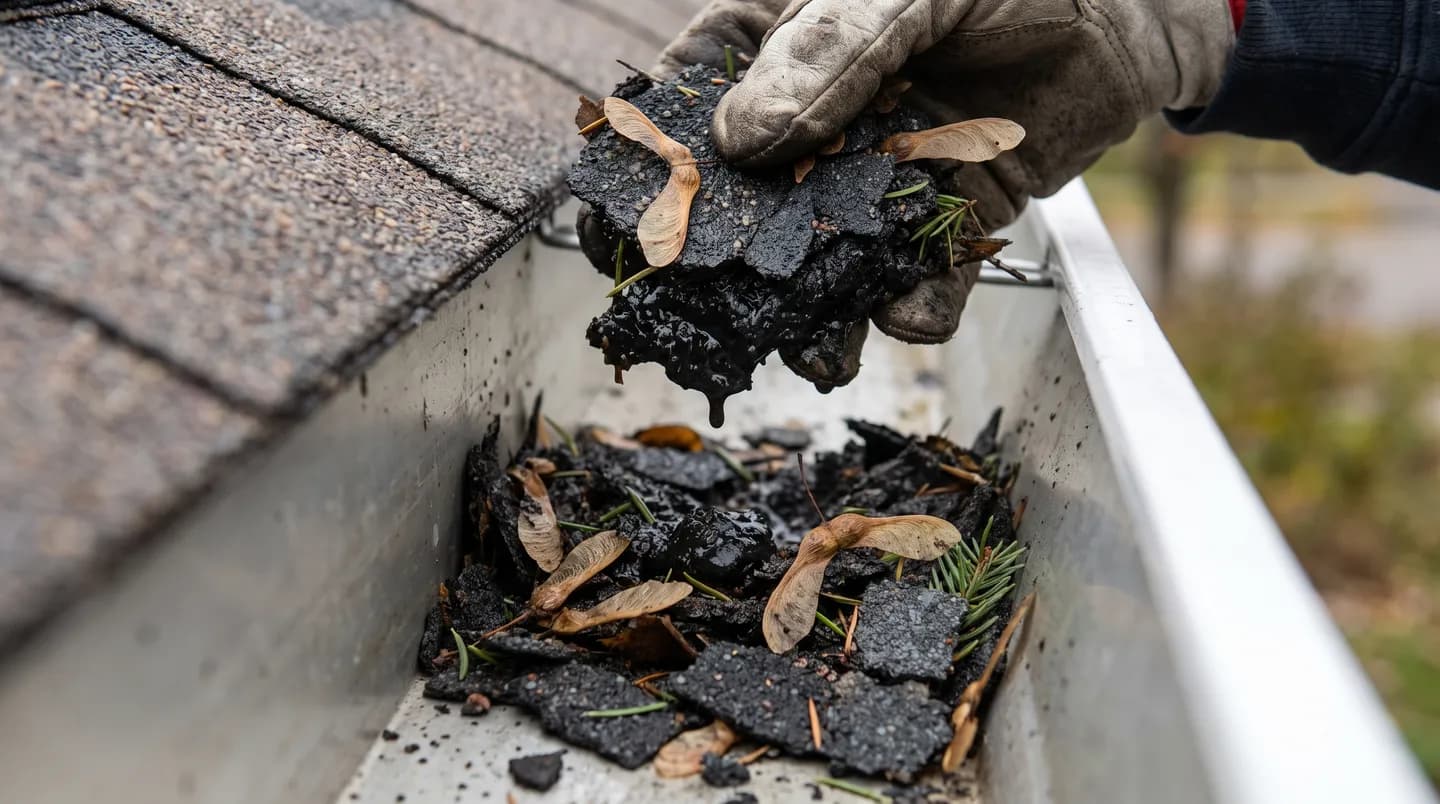 Gloved hand lifting composted leaf sludge, maple keys and shingle granules out of an aluminium eavestrough
