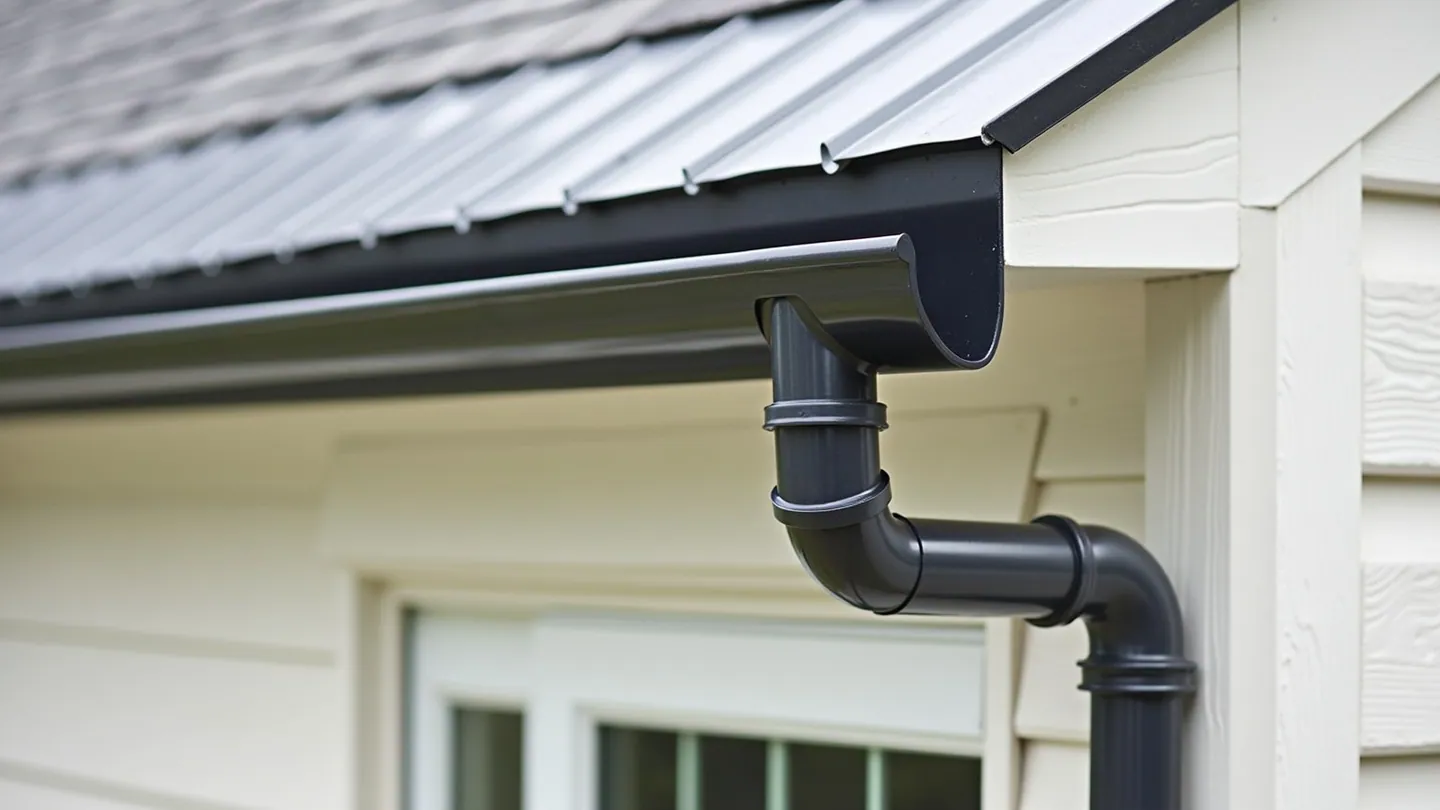A dark aluminium eavestrough and large downspout elbow at the corner of an Ontario home with a metal roof and pale siding