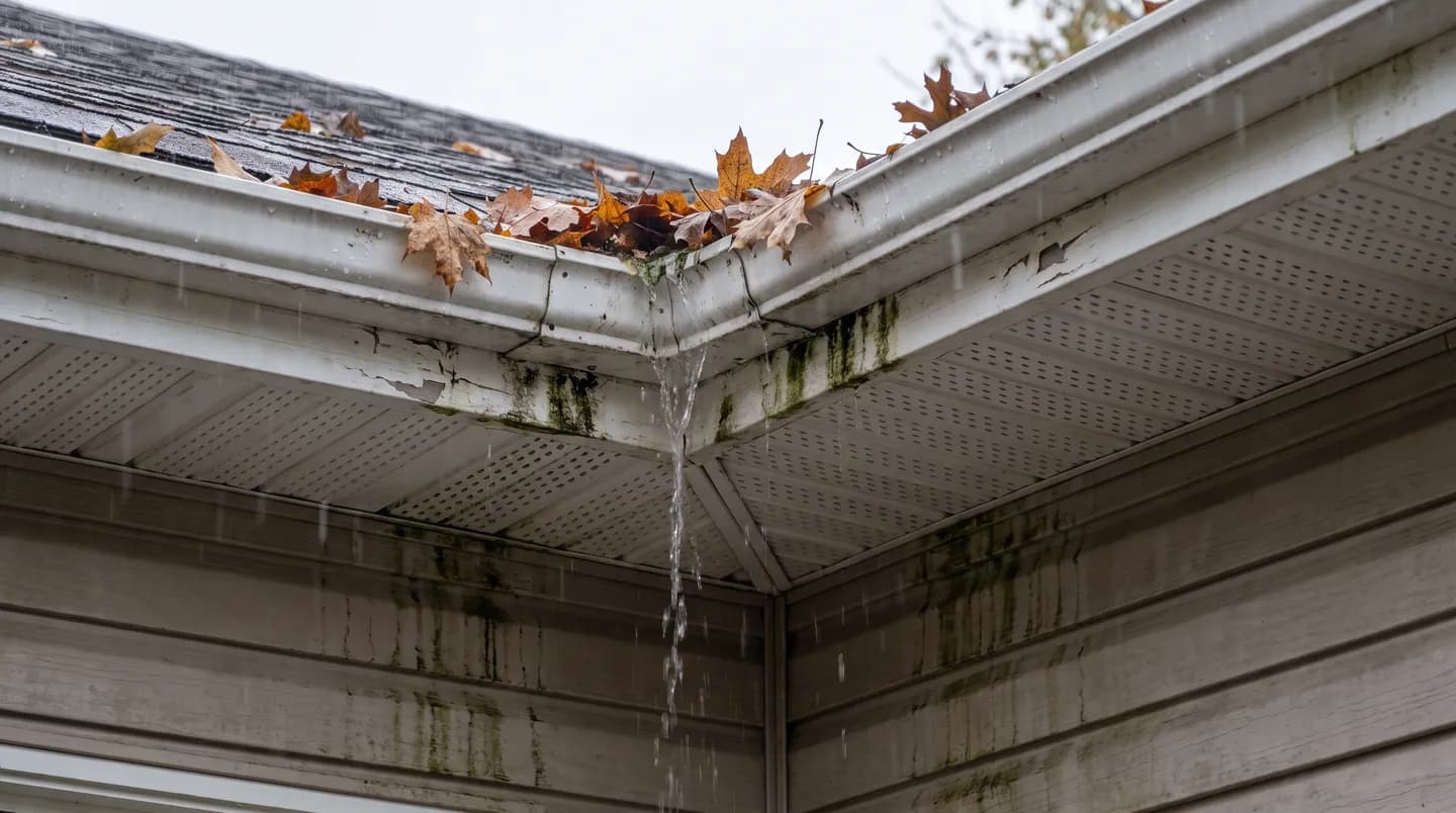 Blocked eavestrough overflowing behind the trough with algae staining down the fascia and vented soffit