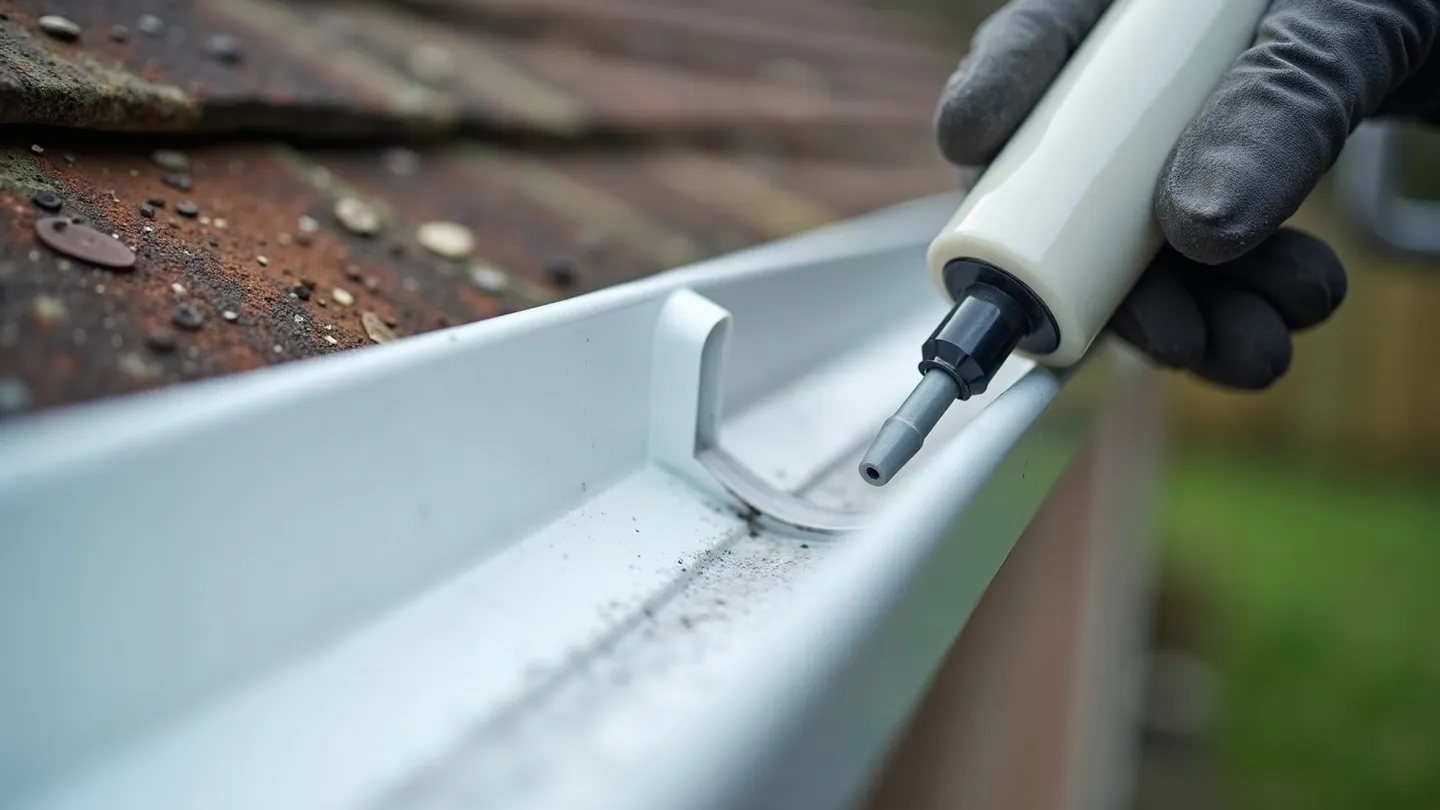A gloved hand holding a sealant gun nozzle over a hanger and a lap seam inside a white aluminium eavestrough full of shingle grit