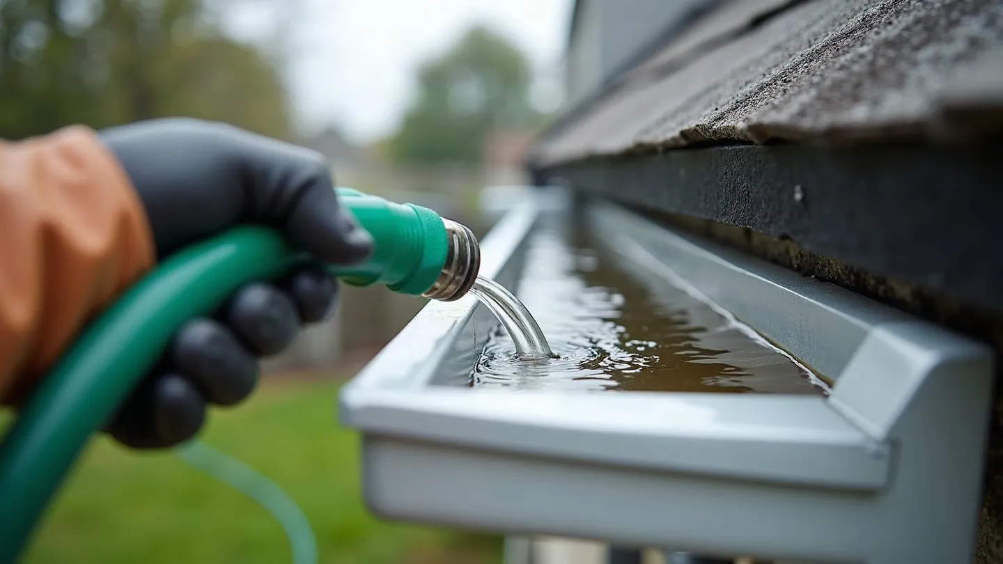 A gloved hand running a garden hose into a white aluminium eavestrough with water standing in the trough rather than draining