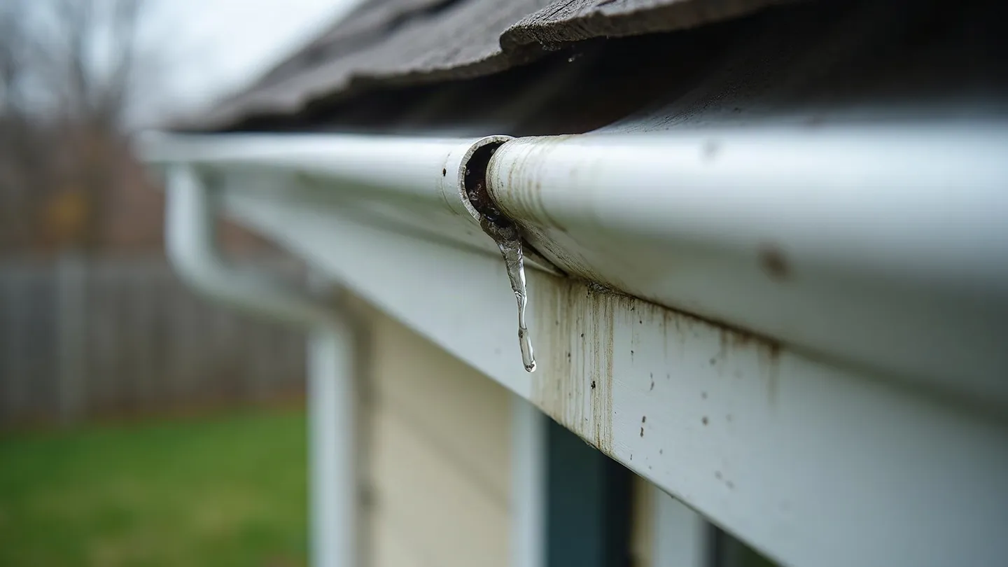 Water dripping through an open joint in a white sectional eavestrough with dark staining running down the fascia board below