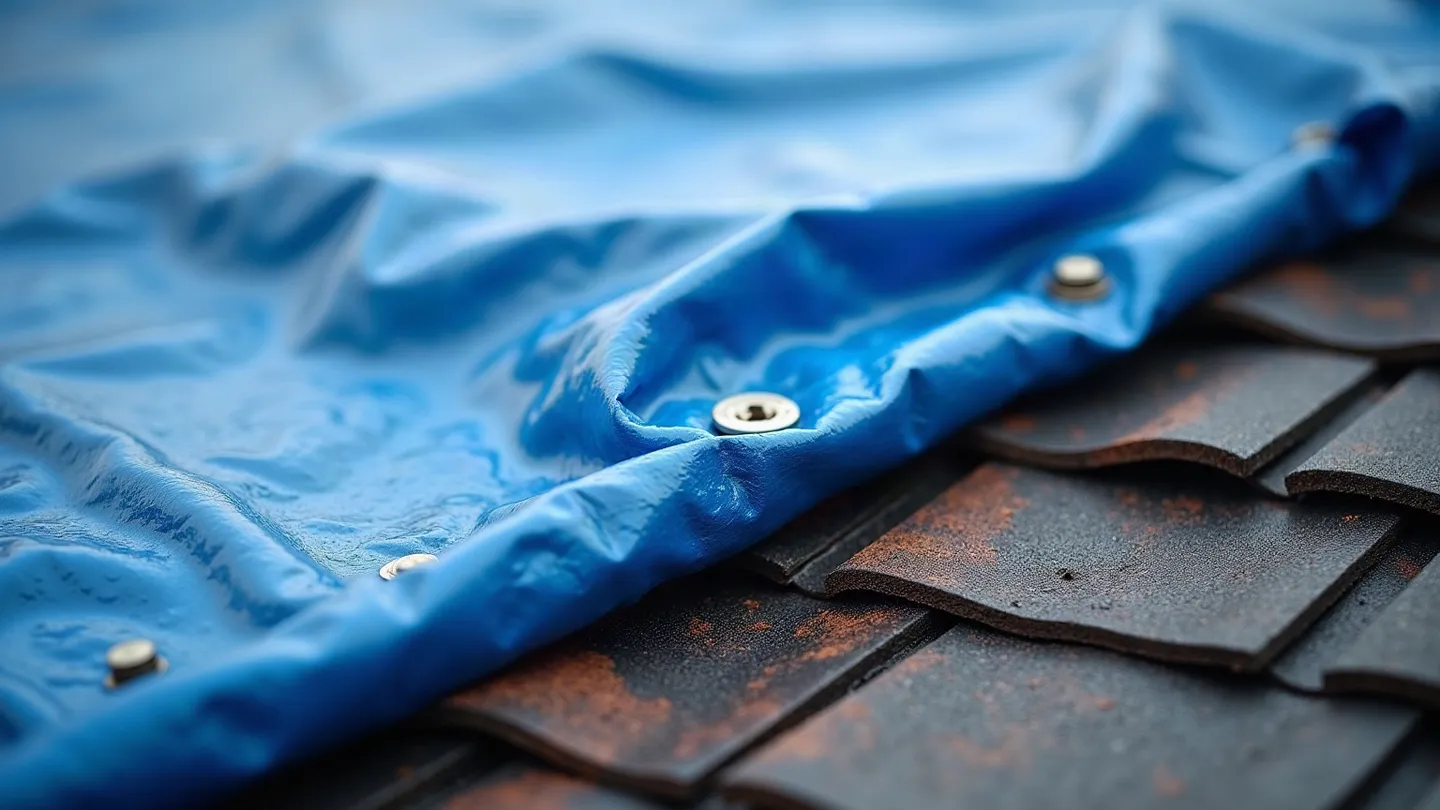 The edge of a blue poly tarp pulled tight and fastened flat to asphalt shingles with screws and washers along its hem