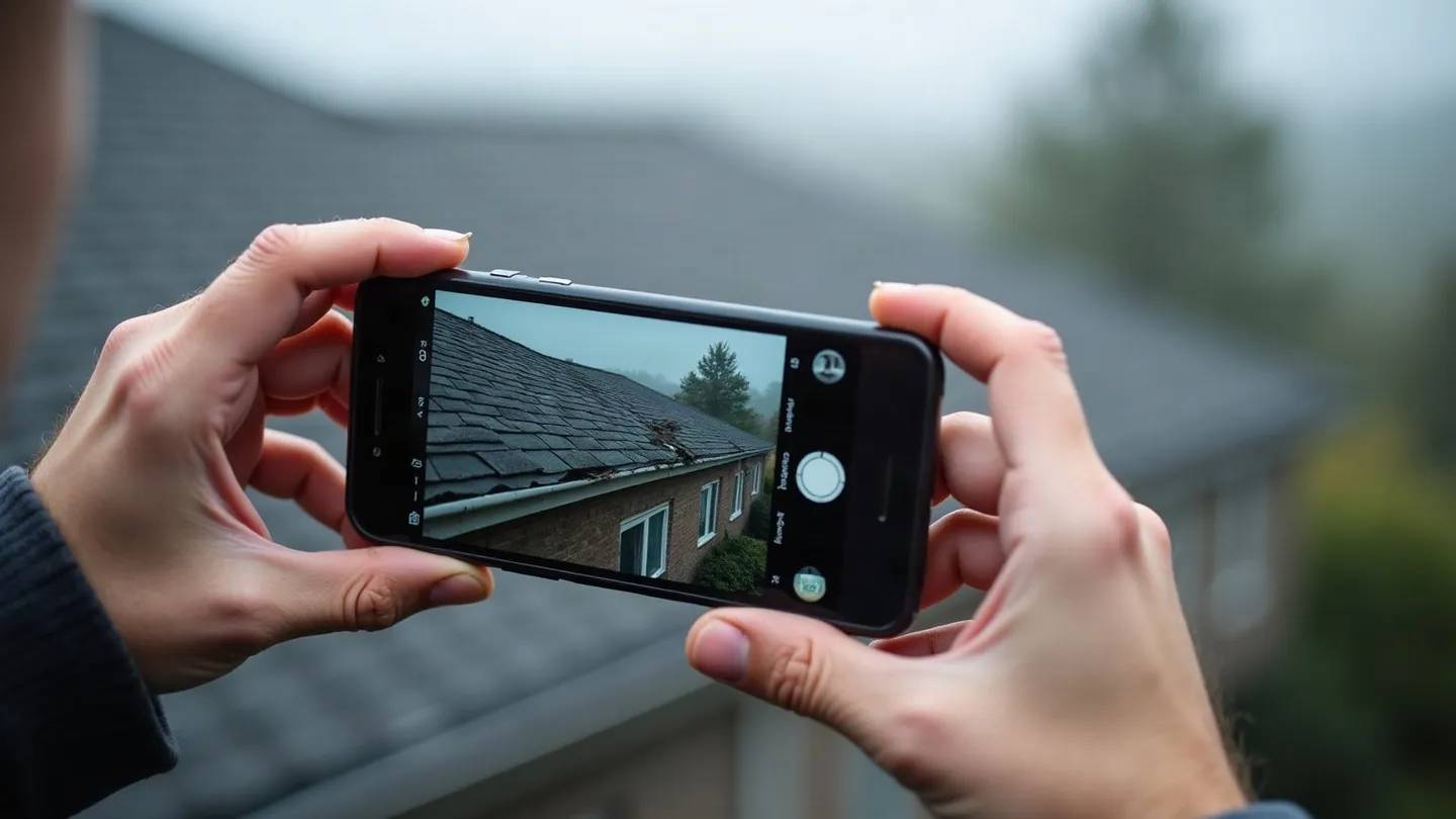 A homeowner holding a phone up to photograph damaged shingles at the edge of a wet roof after a storm