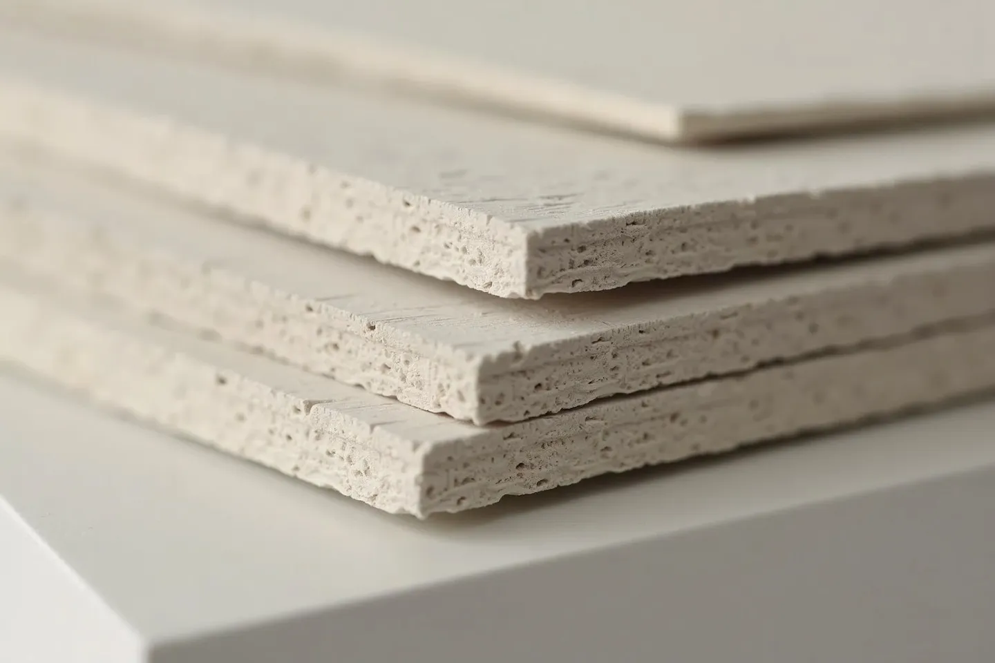 Stacked fiber cement siding planks with a fine woodgrain texture in warm grey and beige tones showing the clean factory edge