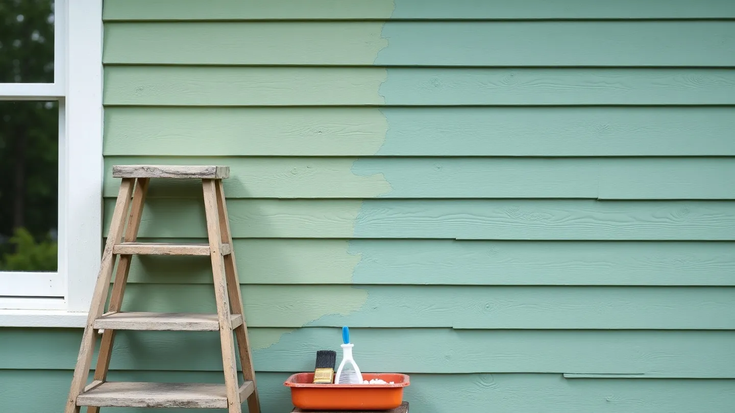 A fiber cement lap siding wall part way through a repaint, fresh colour beside chalked and faded older paint