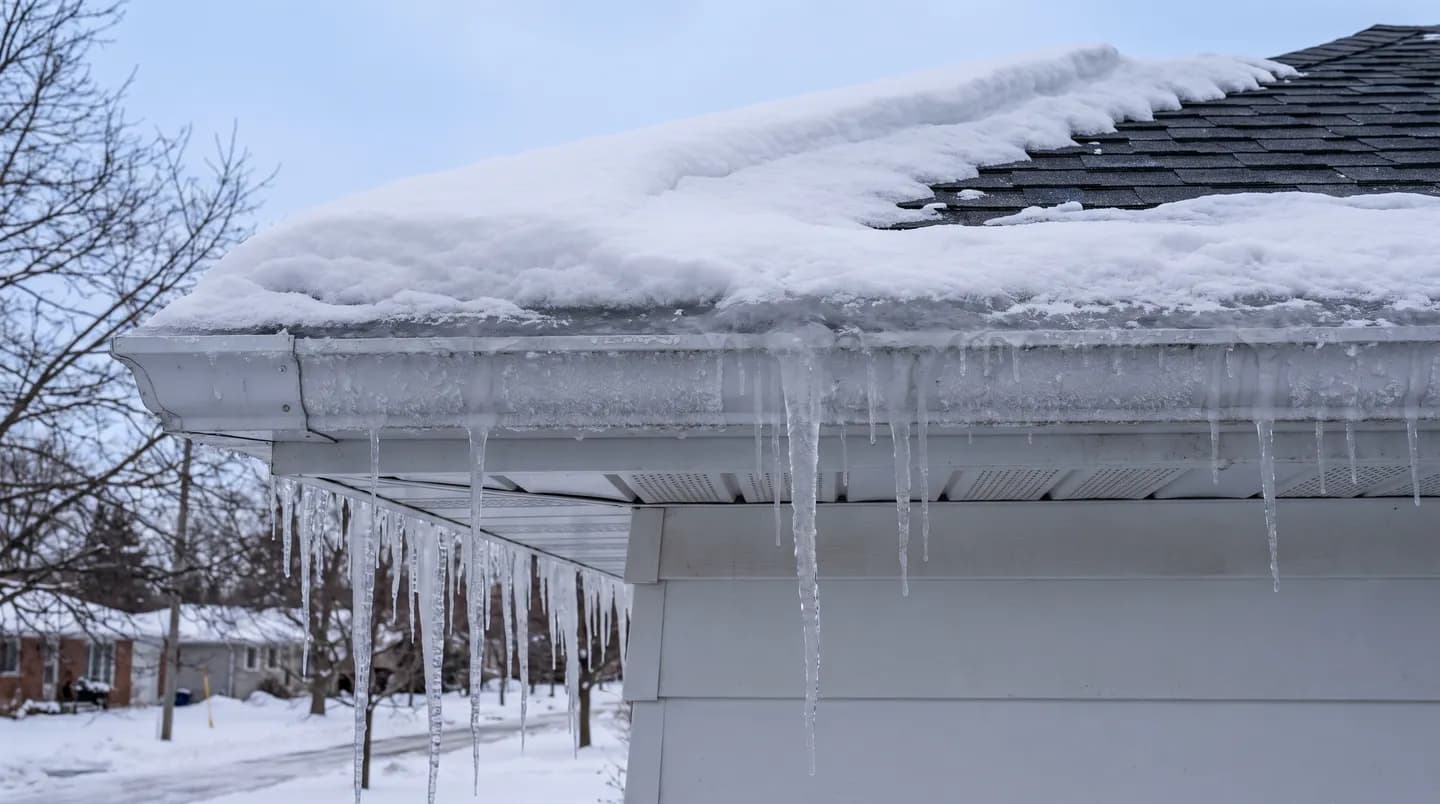 Snow packed over an eavestrough at the eave of an Ontario house with a row of heavy icicles hanging from the front lip