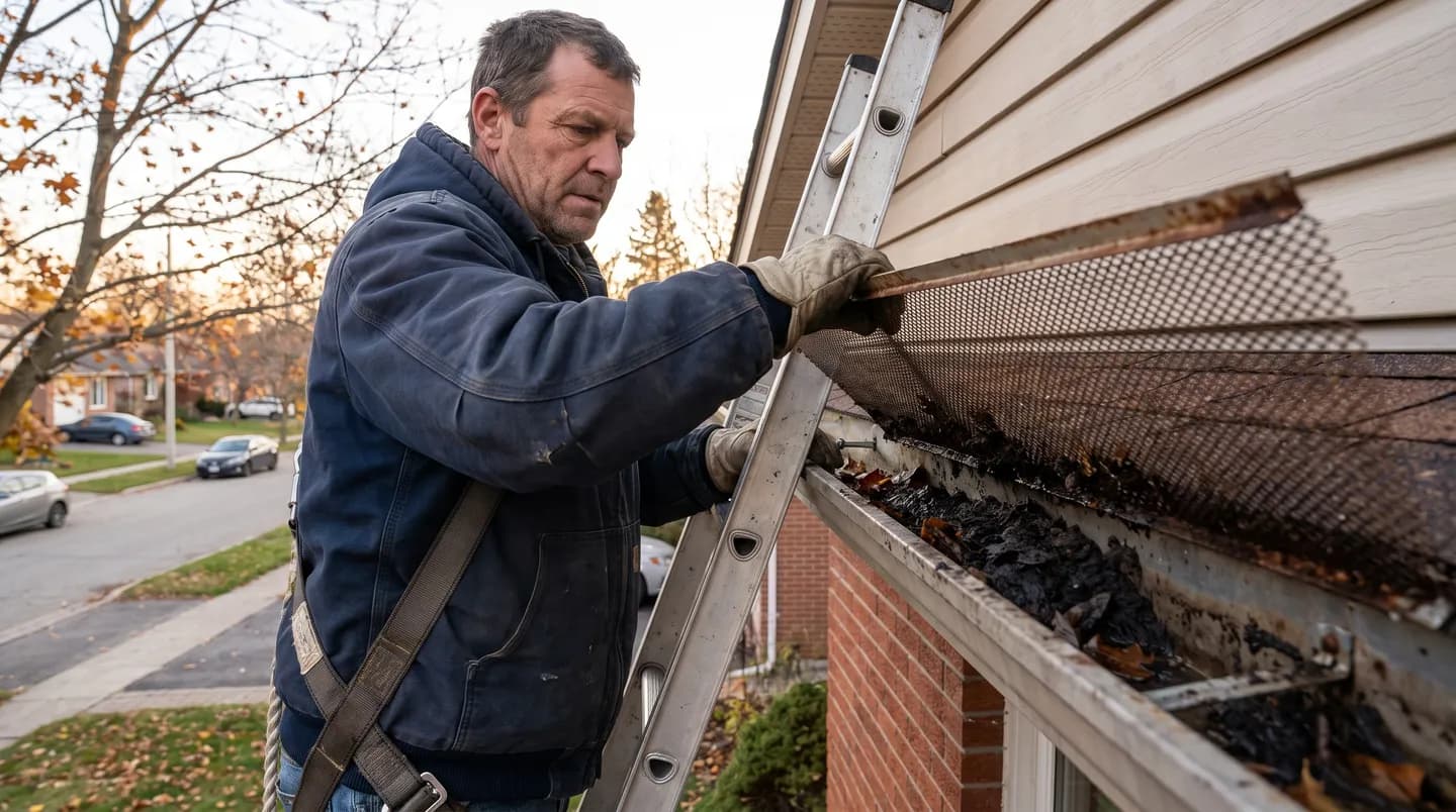 A roofer on a ladder lifting a mesh gutter guard panel off an eavestrough to reveal composted sludge sitting in the trough below