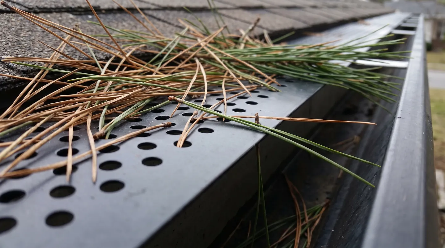 White pine needles matted on a black perforated aluminum gutter guard with several needles threaded down through the holes