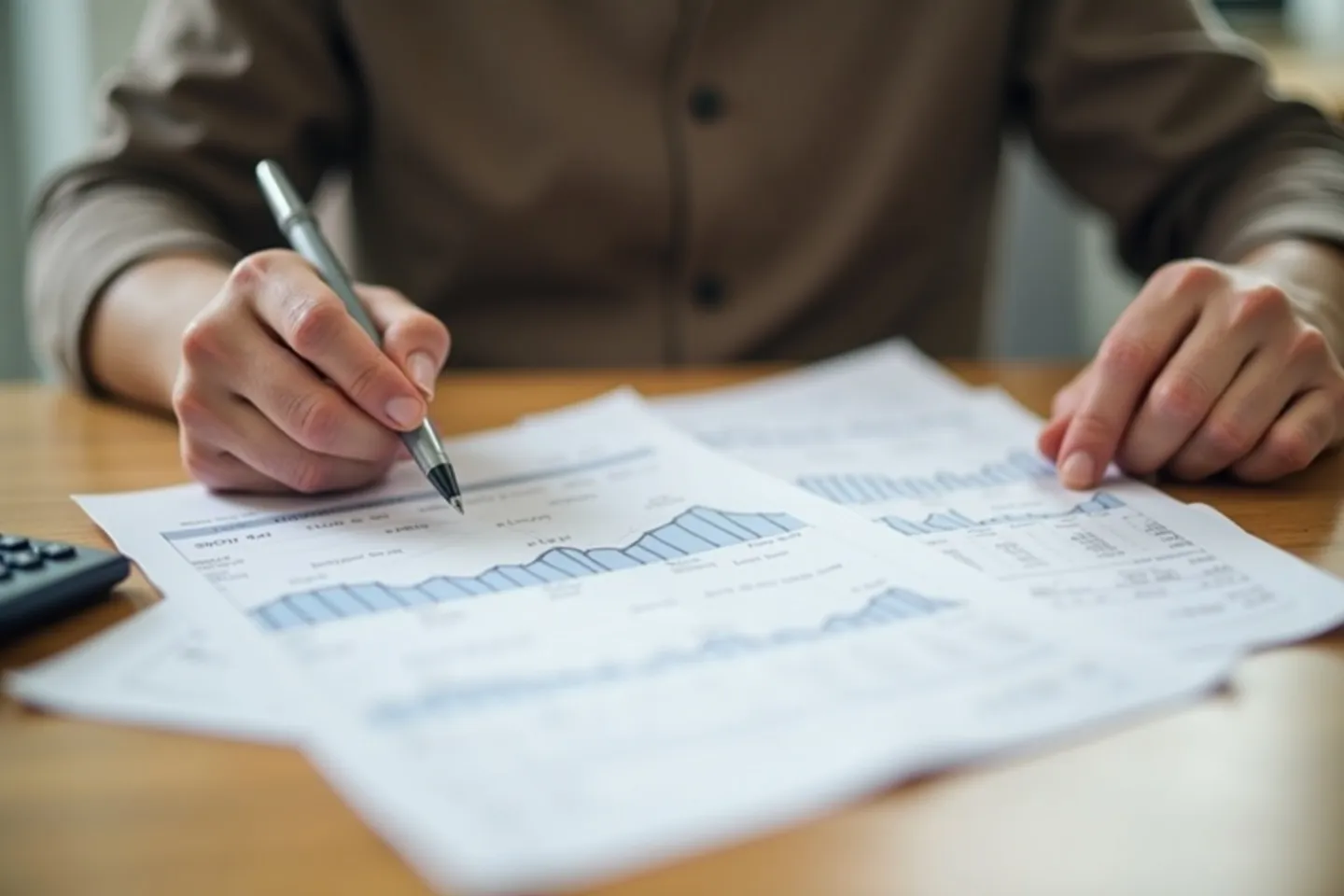 A homeowner comparing two printed roofing estimates side by side at a table with a pen and a calculator