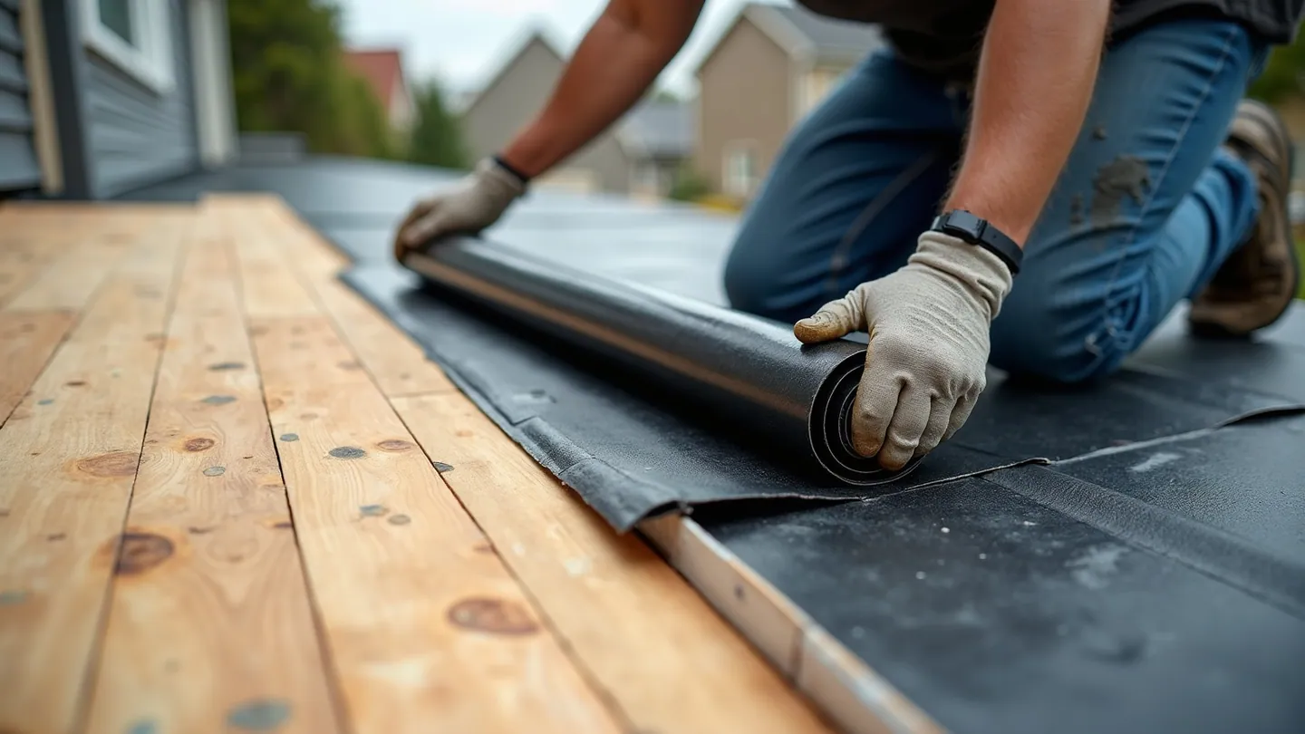 Roofer rolling self-adhered ice and water shield membrane along the eave of a bare roof deck on an Ontario home