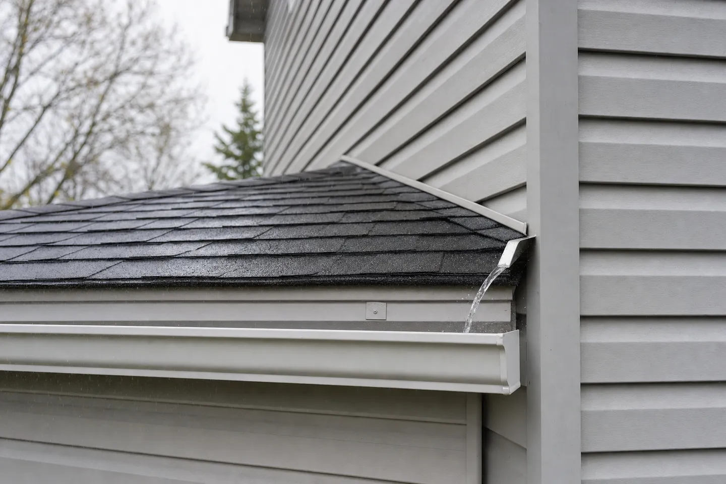Illustration of a kick-out flashing at the bottom of a garage roof where it meets a vinyl sided wall, diverting rain into the eavestrough