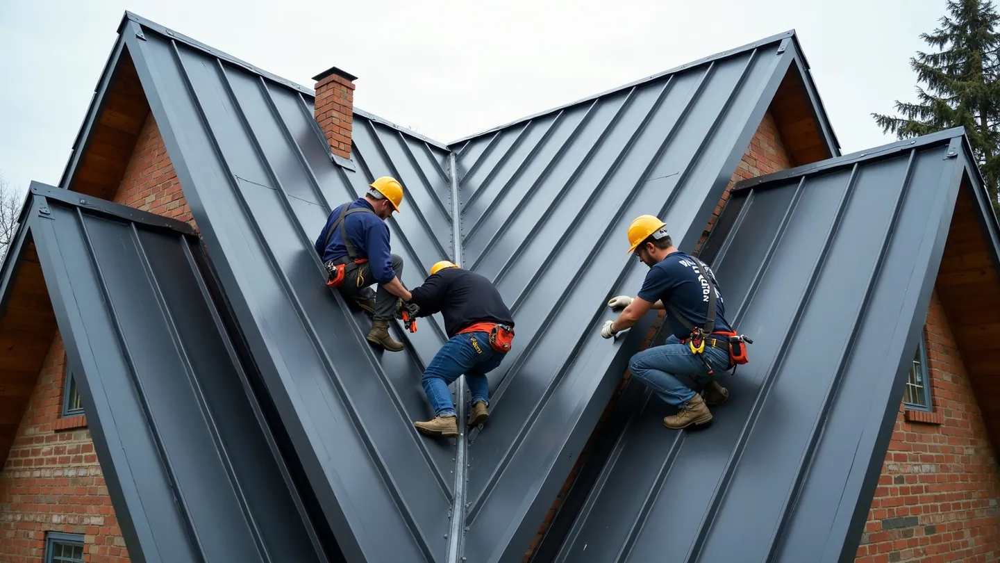 Roofing crew hand-fitting dark standing seam metal panels into a roof valley beside a brick chimney