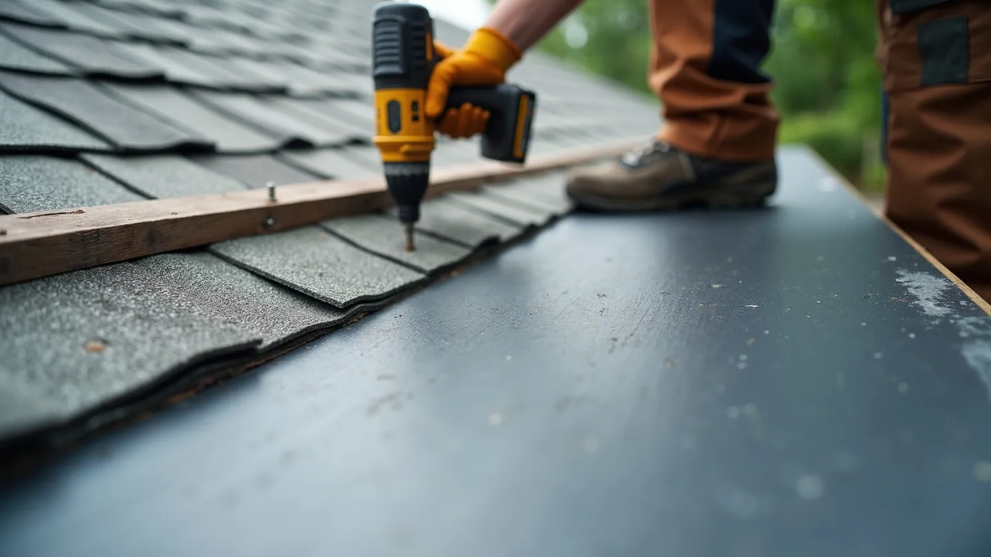 Wood strapping and new metal roofing panels being installed over an existing layer of old grey asphalt shingles
