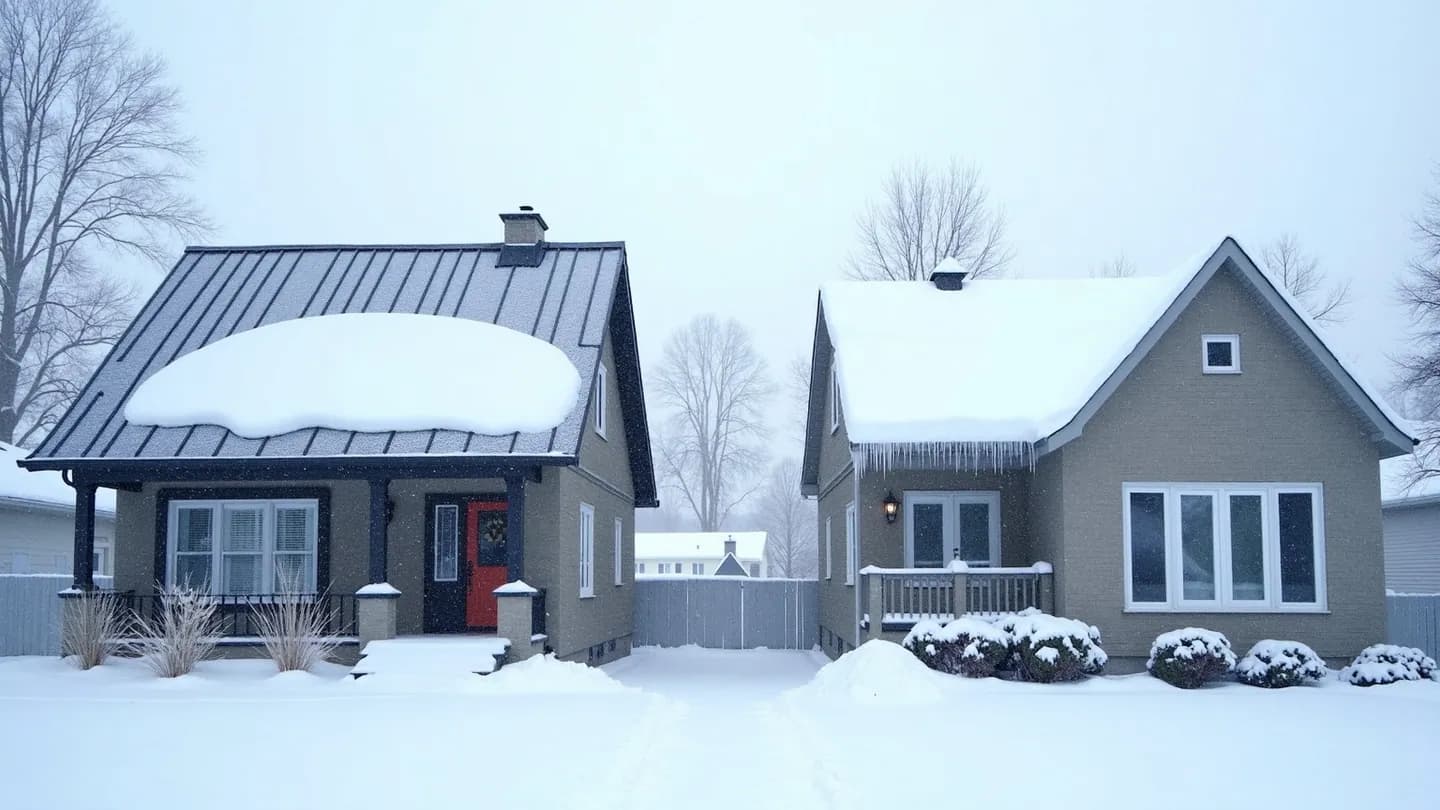 Two Ontario homes after a snowfall, the metal roof nearly clear while the neighbouring shingle roof holds snow and ice dams