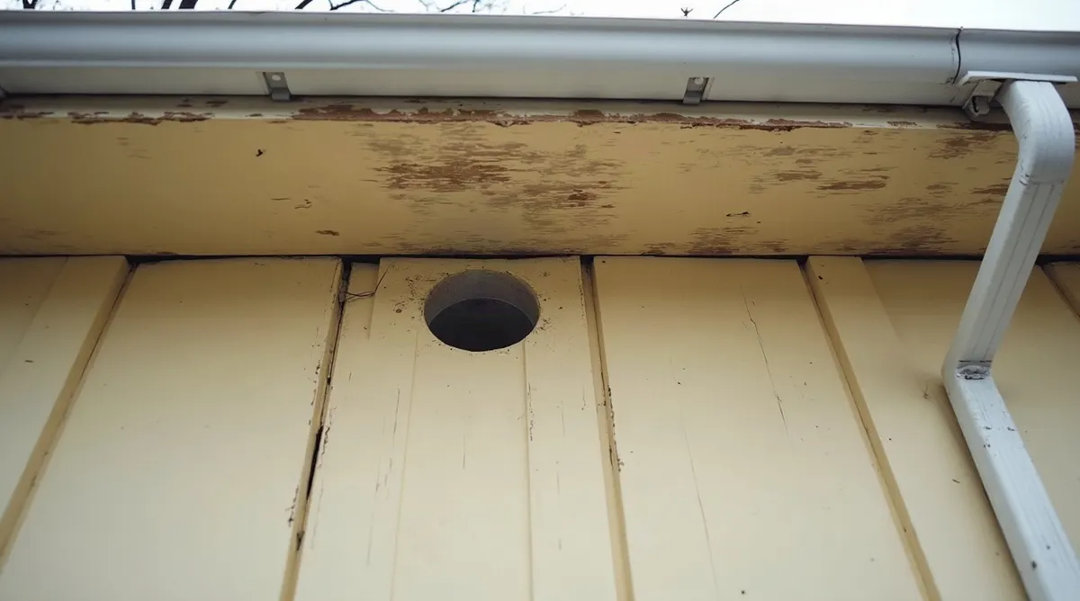 Old cream painted wooden soffit on an Ontario house with a single small round vent and a water stained fascia board above it