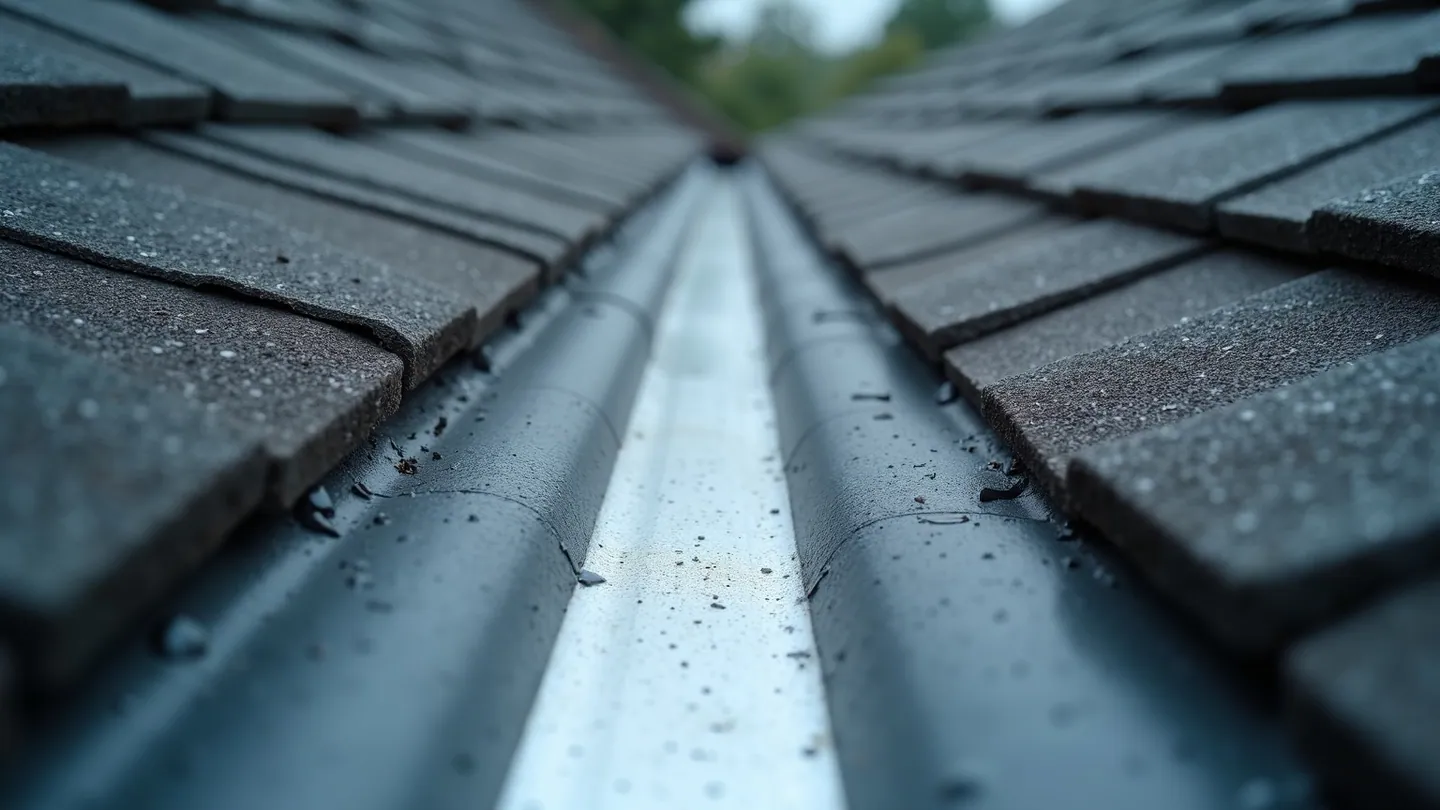 Open galvanised metal valley flashing running between two planes of dark grey architectural asphalt shingles