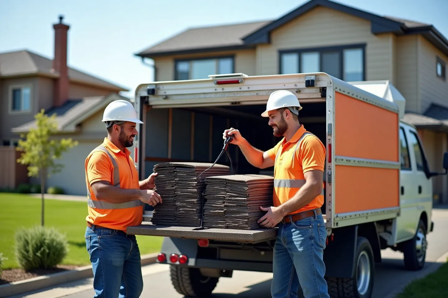 A professional roofing crew in matching high-visibility gear and hard hats unloading shingle bundles from a marked work truck outside an Ontario home