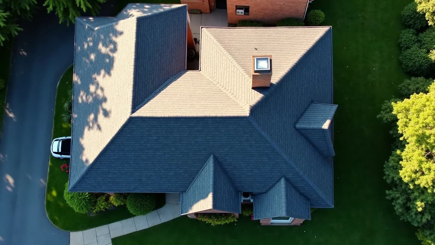 Overhead view of an Ontario two-storey roof showing valleys, dormers, and hips that add roof area beyond the home's footprint