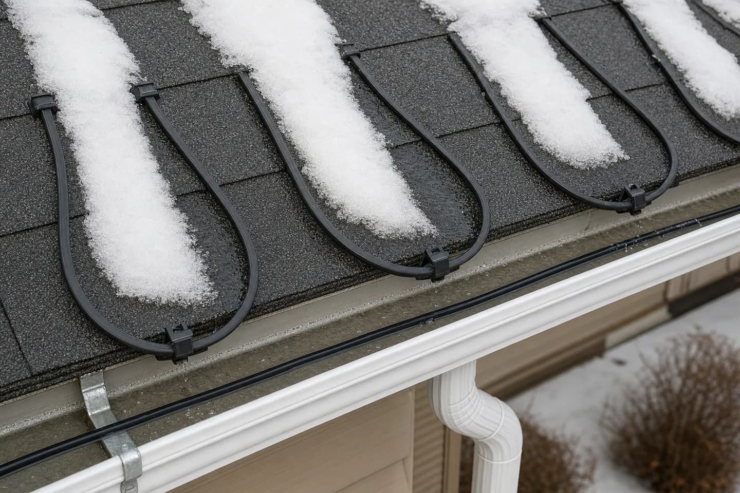 Self-regulating roof heat cable clipped in loops along the bottom of a snowy shingle roof, with a straight run in the eavestrough above the downspout