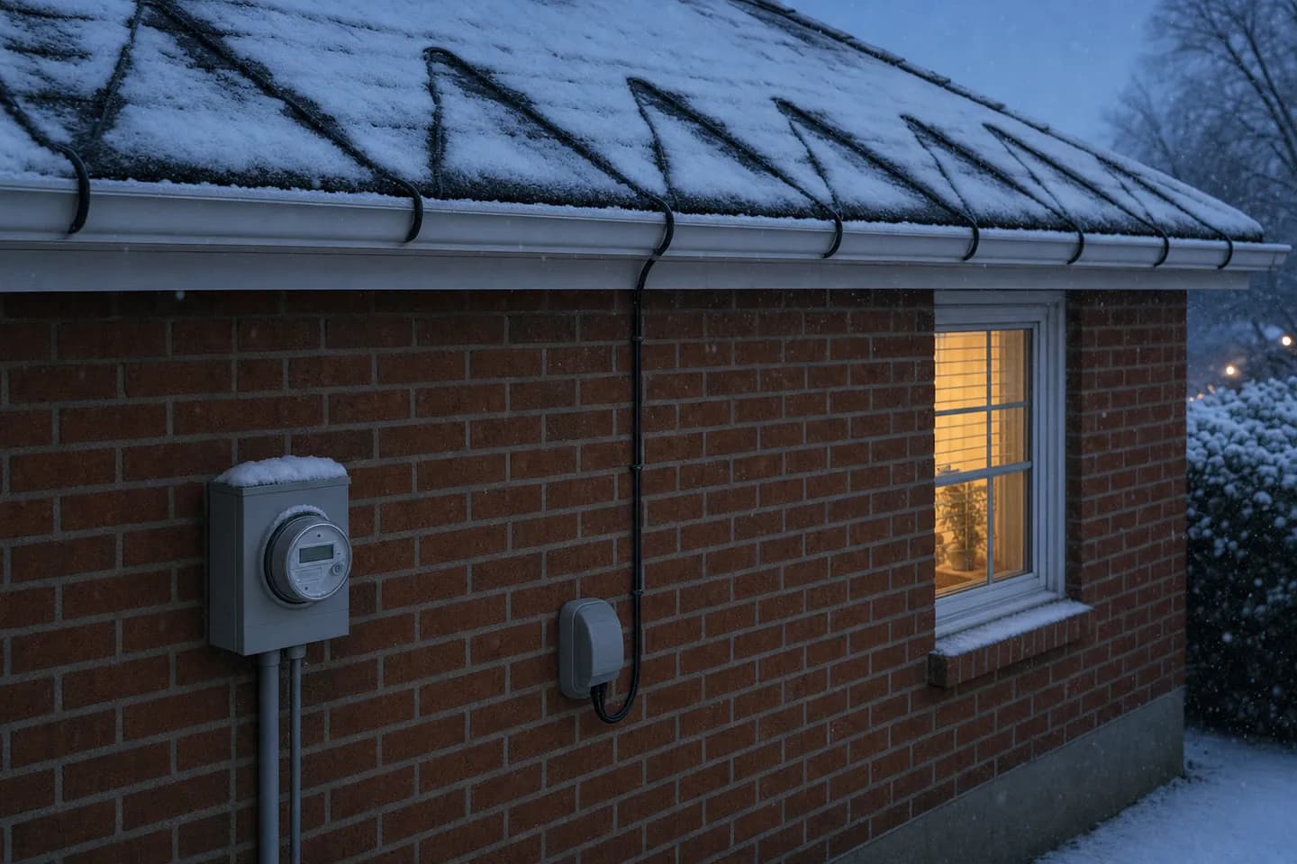 Electricity meter and a covered outdoor outlet on a brick wall below a snowy roof edge with a heat cable laid in a zig-zag