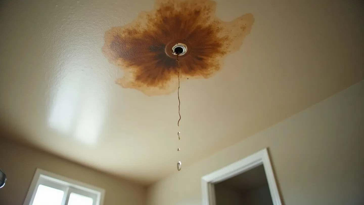 A brown water stain spreading across a home ceiling with a drip falling from the light fixture into a pail below