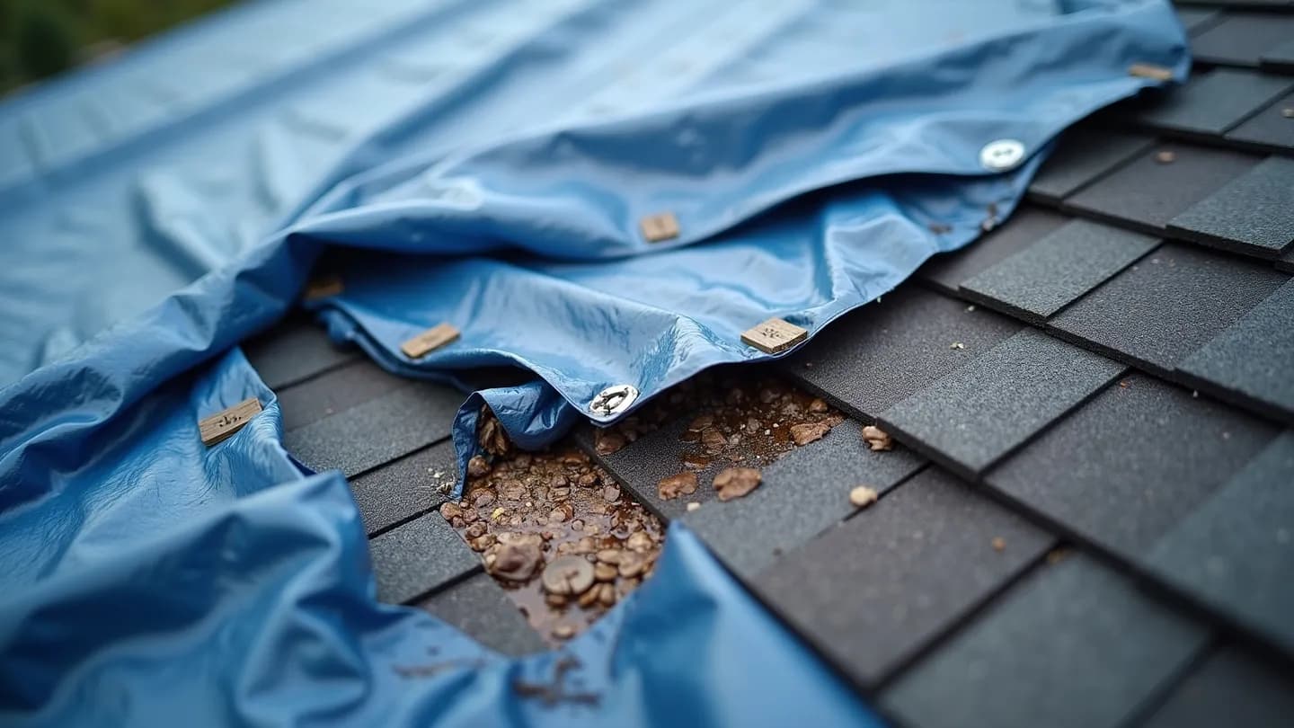An emergency roofing tarp battened down over a damaged patch of asphalt shingles to keep water out temporarily