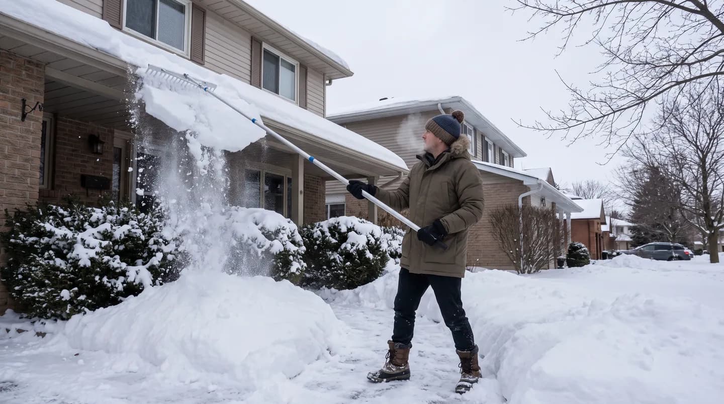 Homeowner using a long-handled roof rake from the ground to clear snow off the lower roof edge in Ontario