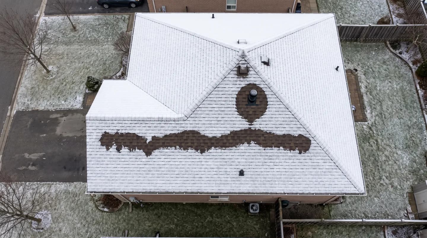 Aerial view of an Ontario roof after light snow showing a melted line and a melted circle where attic heat escapes