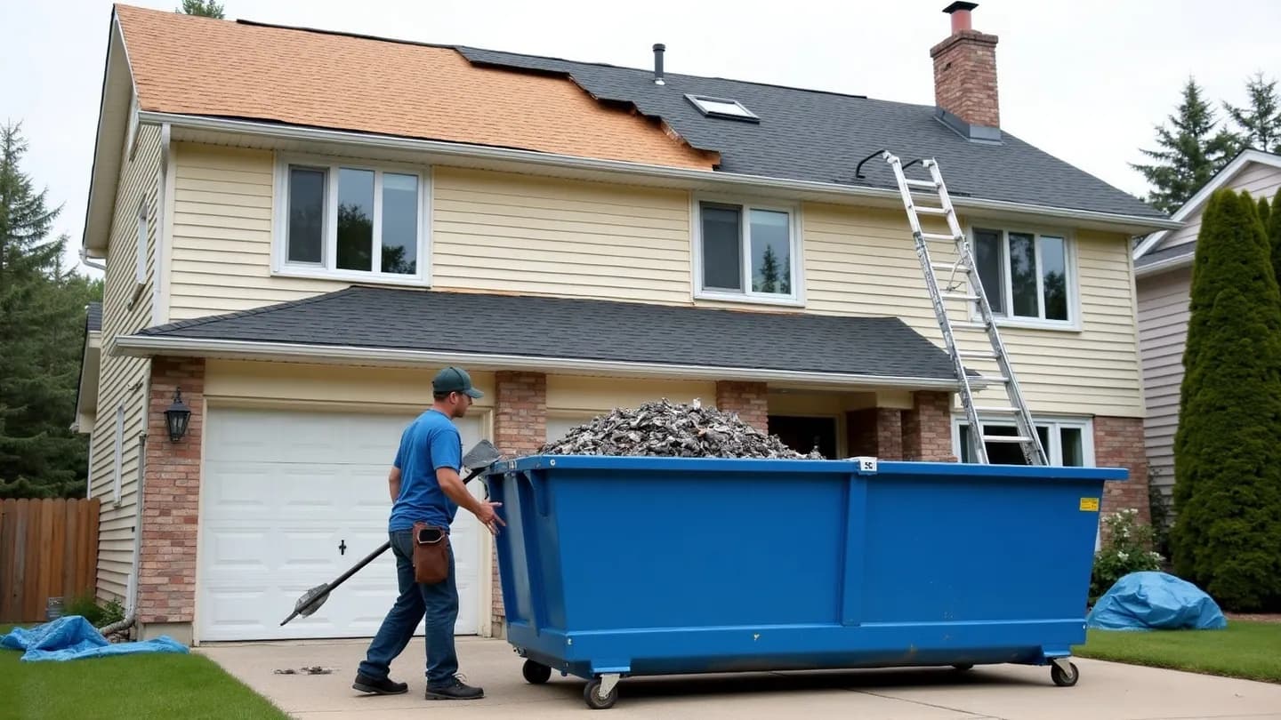 Roofing crew tearing off old asphalt shingles into a disposal bin parked on the driveway of an Ontario home
