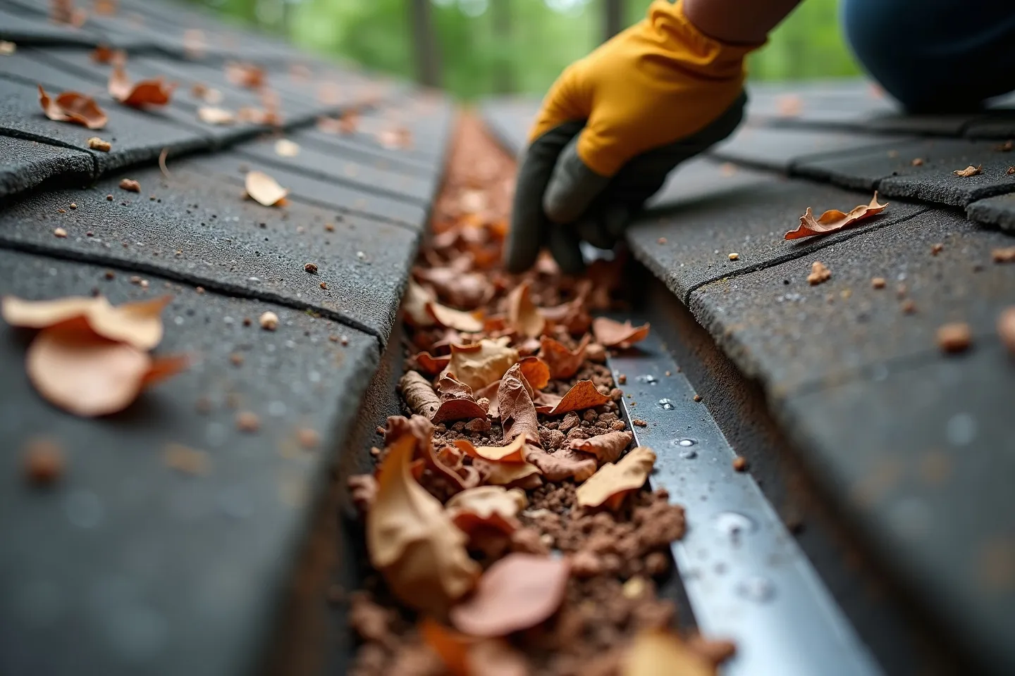 A roofer's gloved hand clearing fallen leaves and debris from a metal-flashed roof valley on an asphalt shingle roof