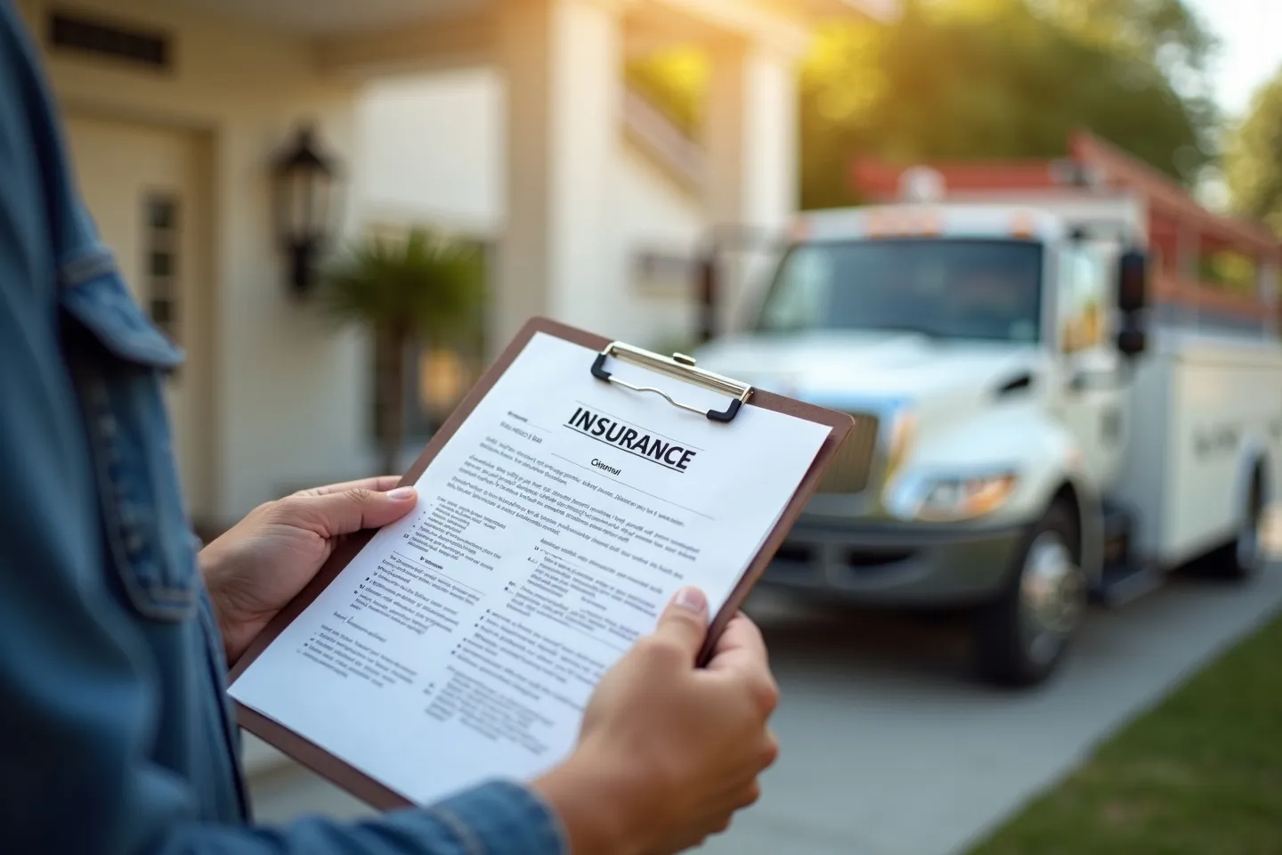 A roofing contractor presenting insurance and WSIB certificate paperwork on a clipboard to a homeowner on a front porch
