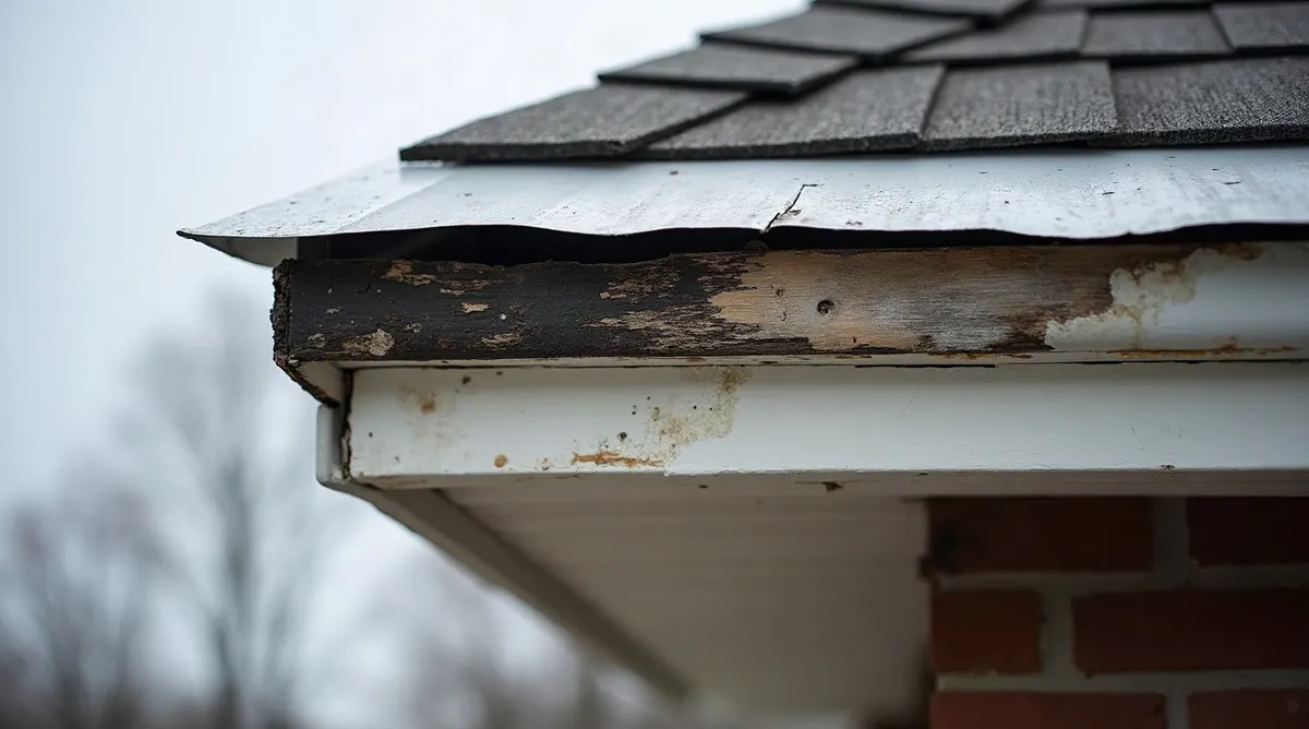 Roof edge of an older house where aluminum fascia capping has been peeled back exposing a dark rotted wooden fascia board underneath