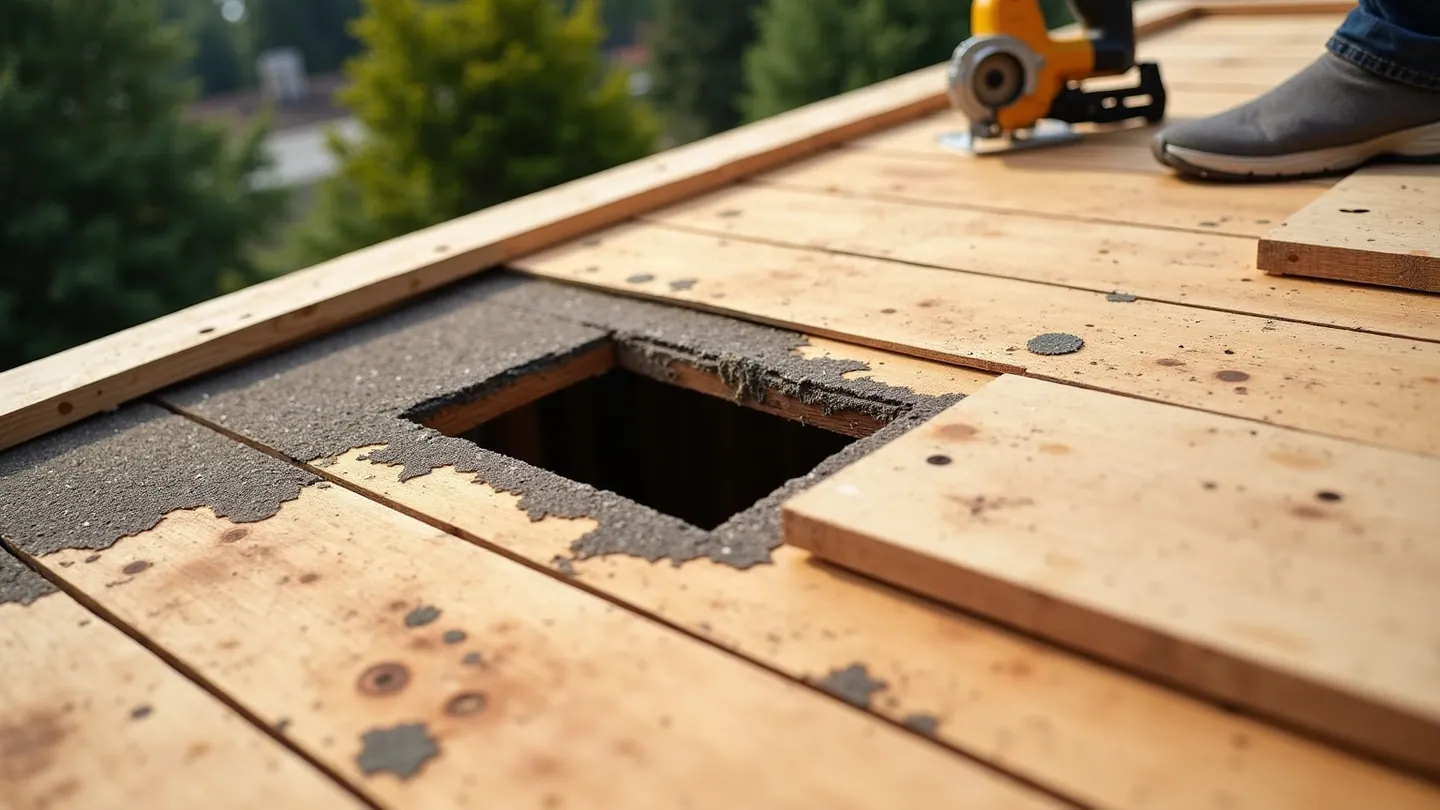Exposed roof deck on an Ontario home with a rotten section of plywood sheathing cut away and a fresh sheet ready to go down