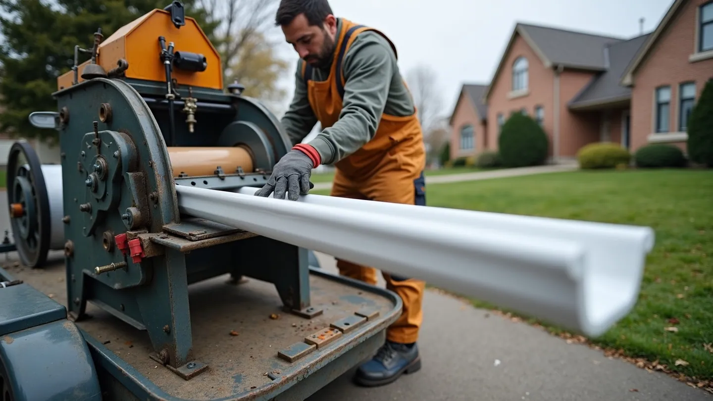 A portable roll-forming machine on a work trailer extruding one continuous length of white aluminium seamless eavestrough on a residential driveway