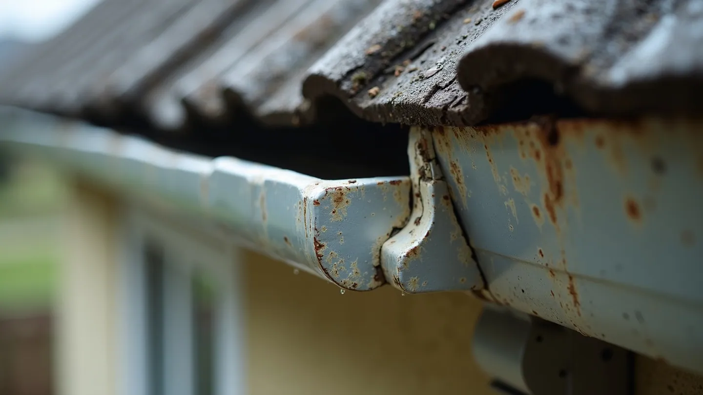 Close-up of a corroded slip joint on an old sectional aluminium gutter with cracked sealant, rust spotting, and water staining down the trough