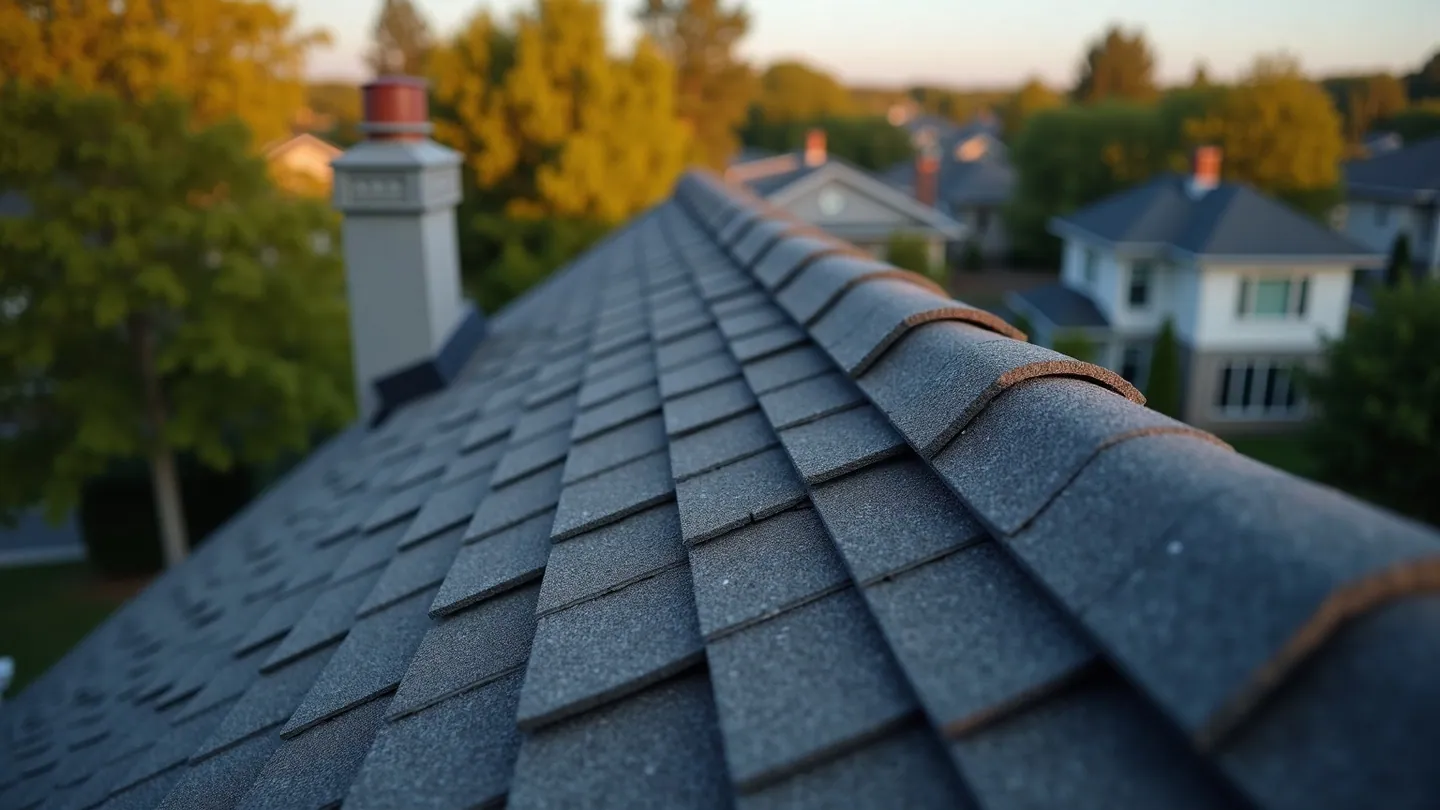 Individual hip and ridge cap shingles overlapping in a run along the peak of an architectural shingle roof