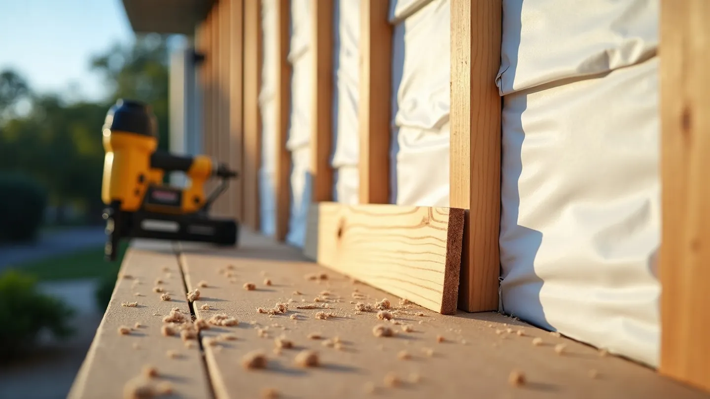 Vertical wood furring strips fastened over white house wrap, creating the drained air gap behind new siding boards