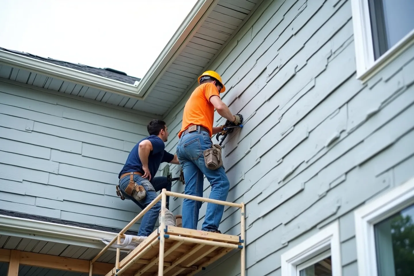 Two siding installers on scaffolding fitting light grey fiber cement lap siding to the wall of a suburban Ontario two-storey home
