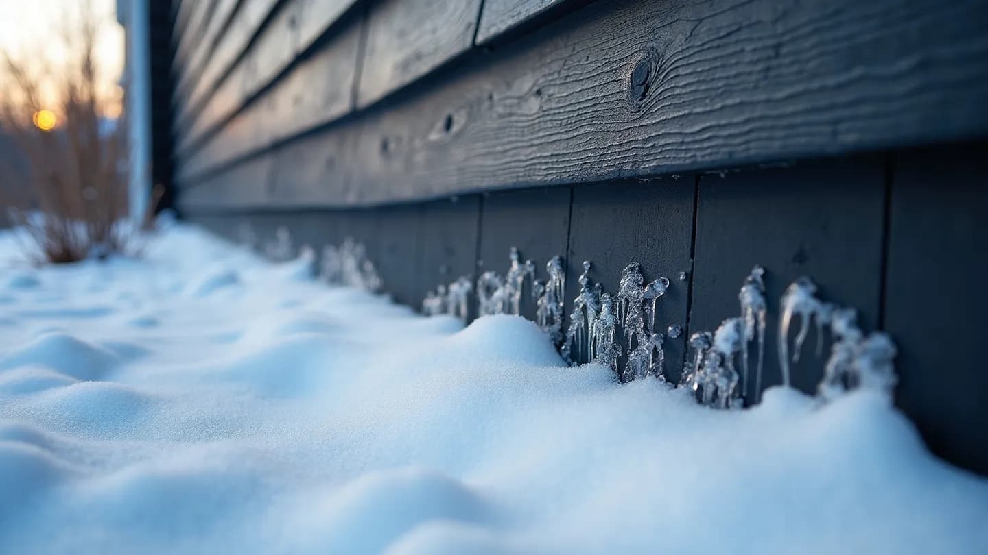Snow drifted hard against the bottom course of dark siding with meltwater refrozen into ice along the seams