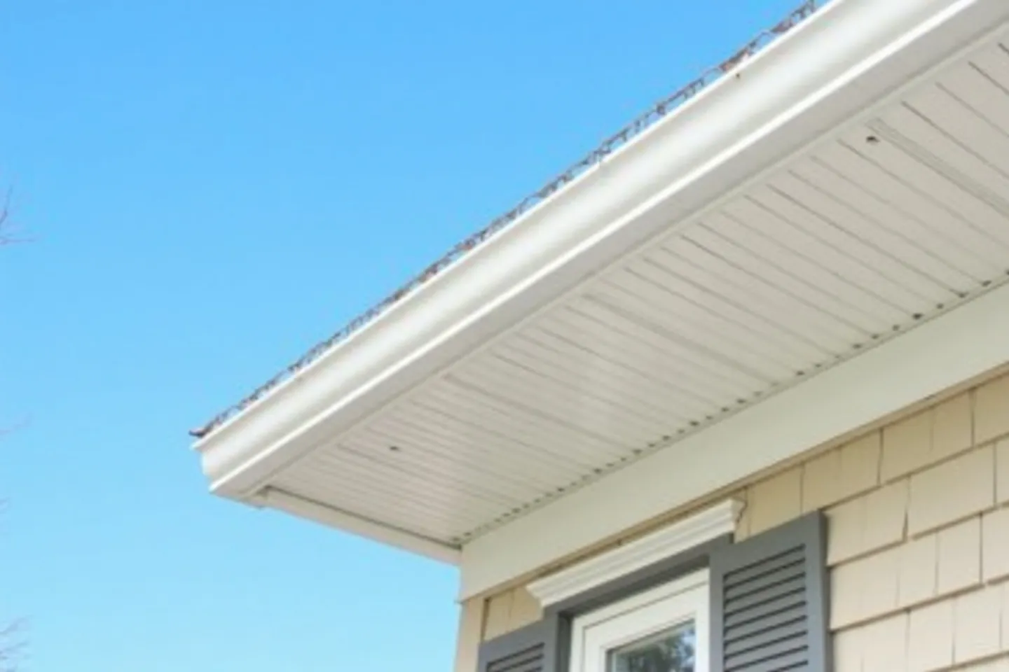 White perforated aluminium soffit and fascia with an eavestrough along the roof edge of a suburban Ontario home against a blue sky