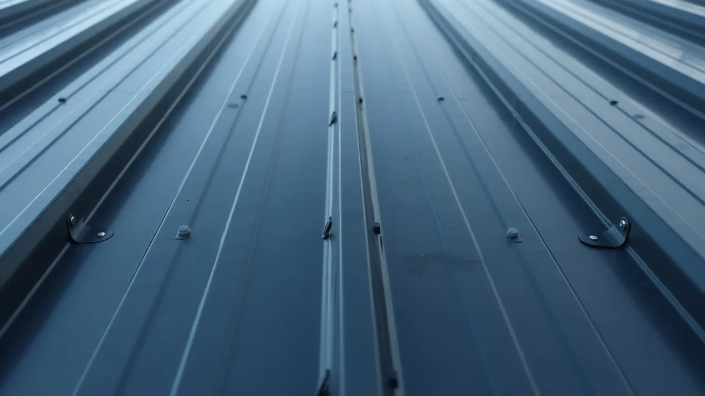 Close-up of a dark standing seam metal roof showing the raised vertical seams and concealed fasteners on a home