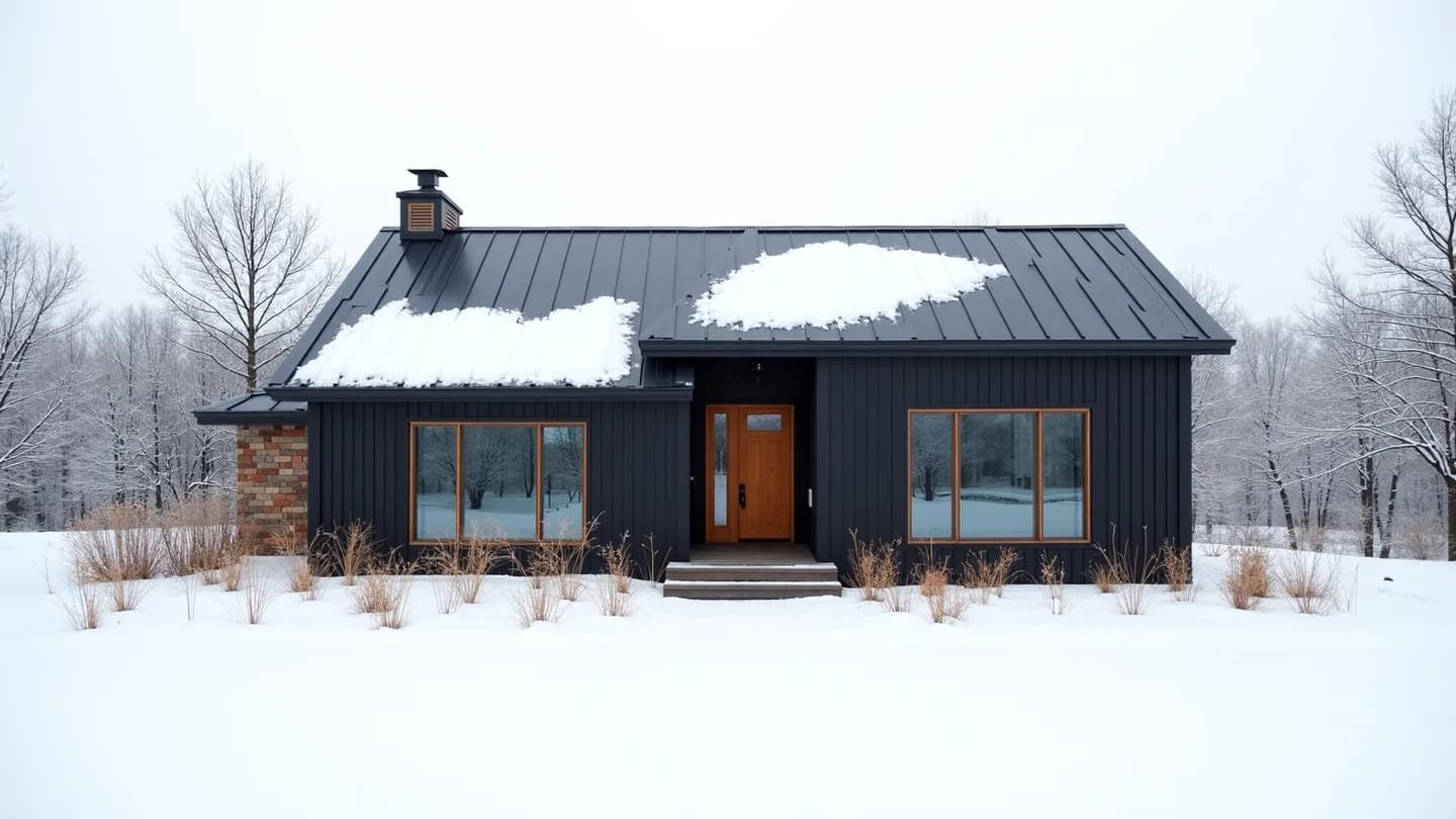 A dark standing seam metal roof on a modern Ontario home shedding fresh snow during a bright winter day