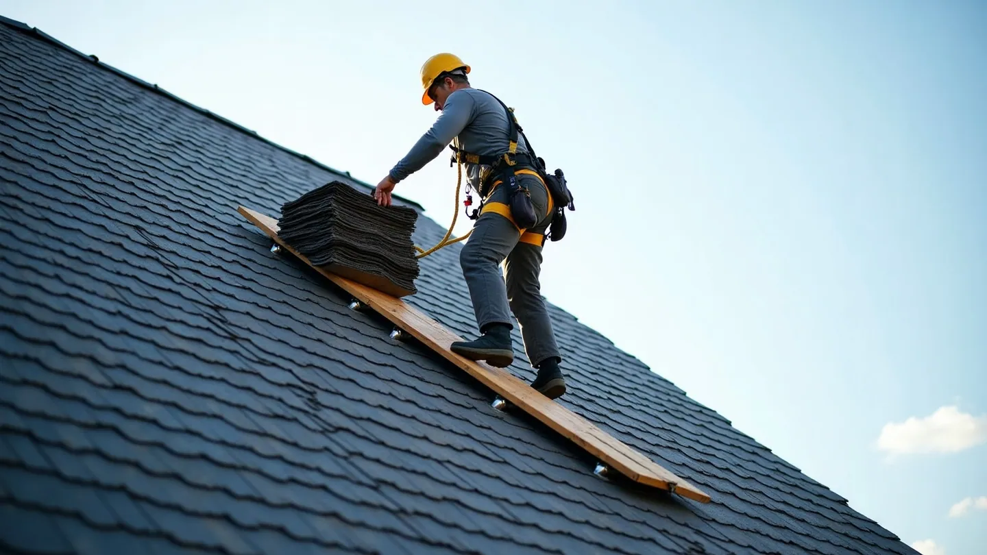 Roofing crew working a steep pitched roof on an Ontario home using roof jacks, planks, and fall-arrest harnesses